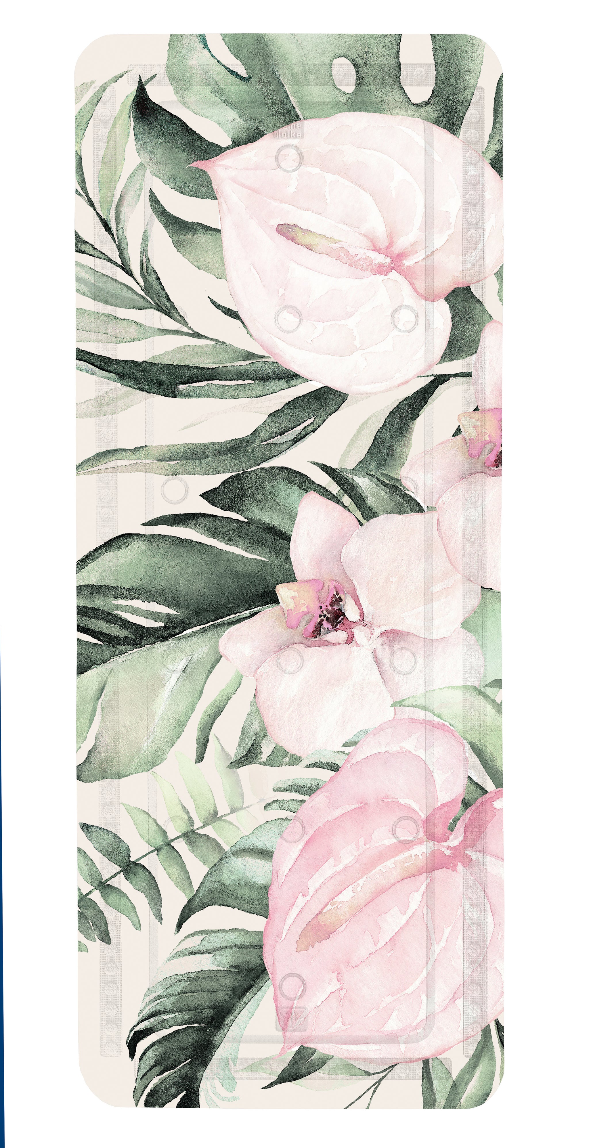 Duschmatte mit rosa Blüten und grünen Blättern auf hellem Hintergrund