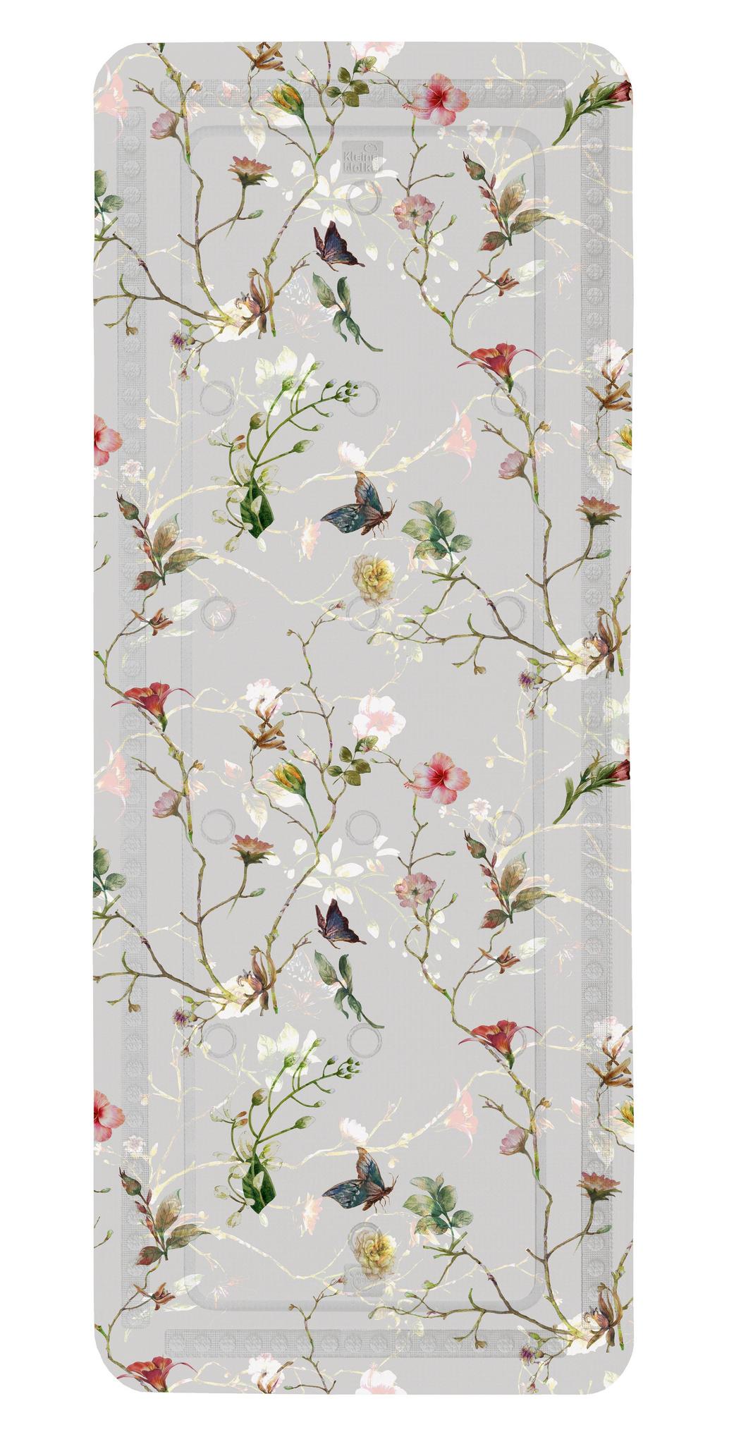 Transparente Badematte mit zarten Blumenranken und kleinen Kolibris