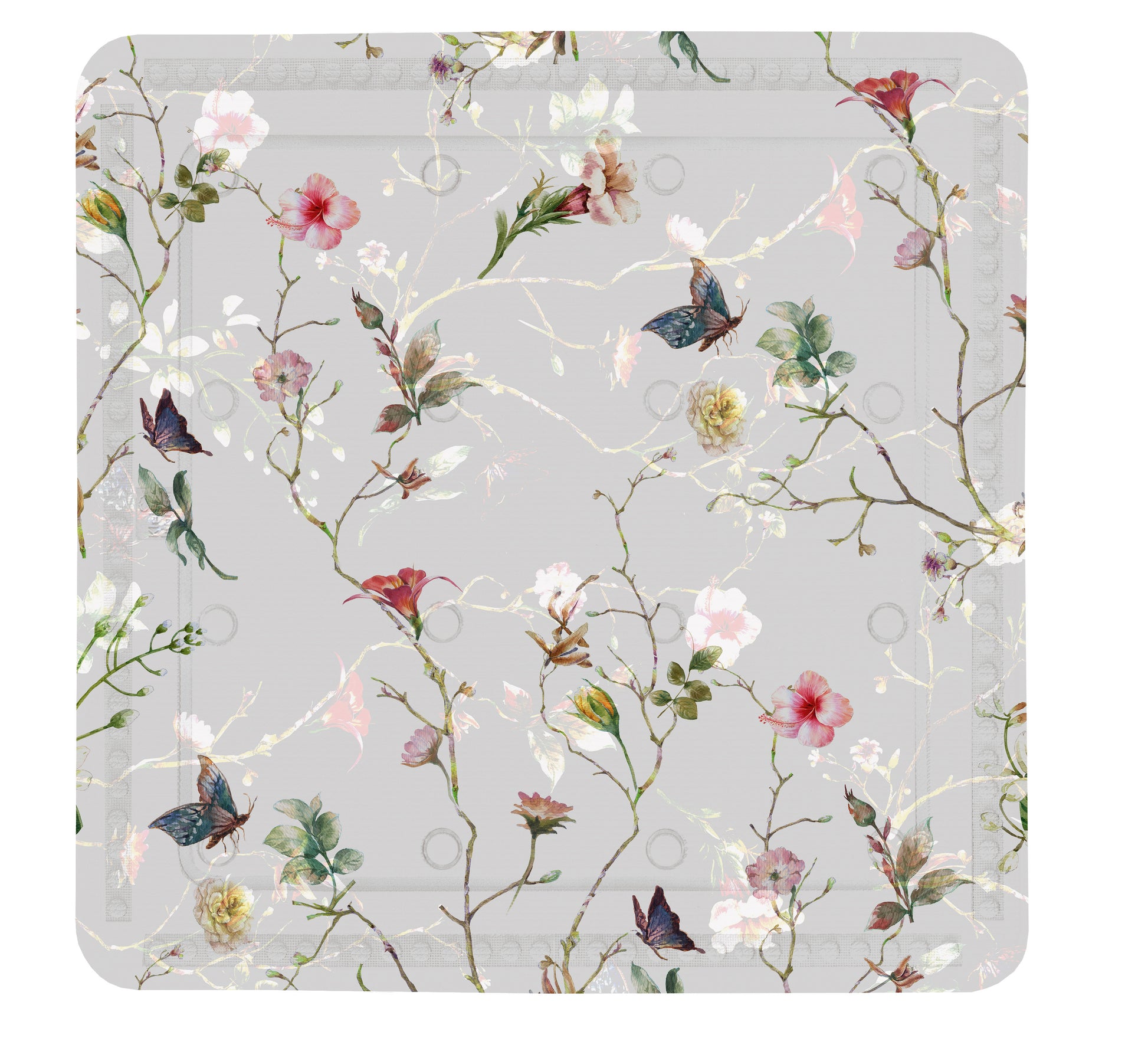 Quadratische Duscheinlage FLORES Multicolor mit floralem Muster und Schmetterlingen in Nahansicht.