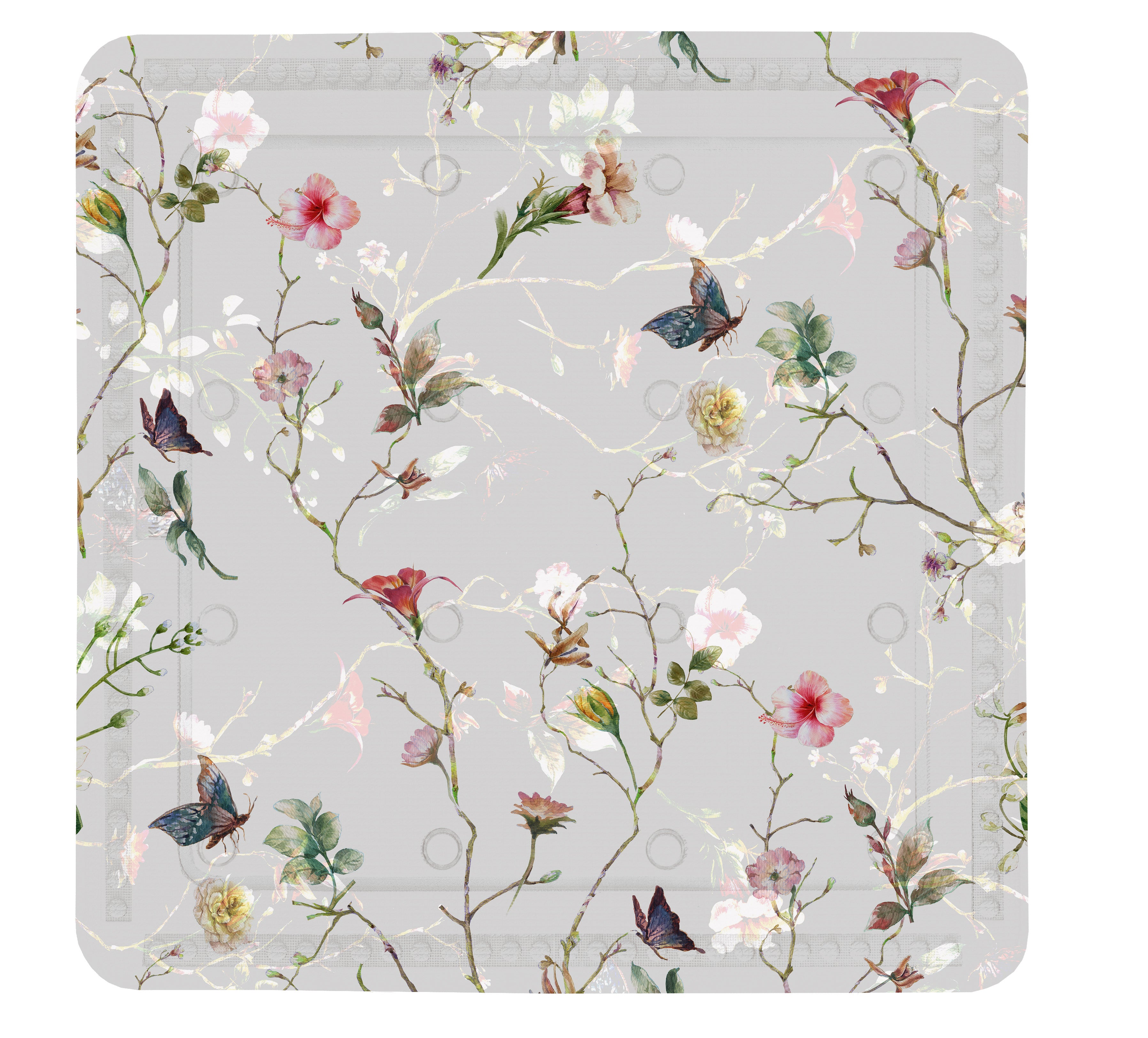 Quadratische Duscheinlage FLORES Multicolor mit floralem Muster und Schmetterlingen in Nahansicht.
