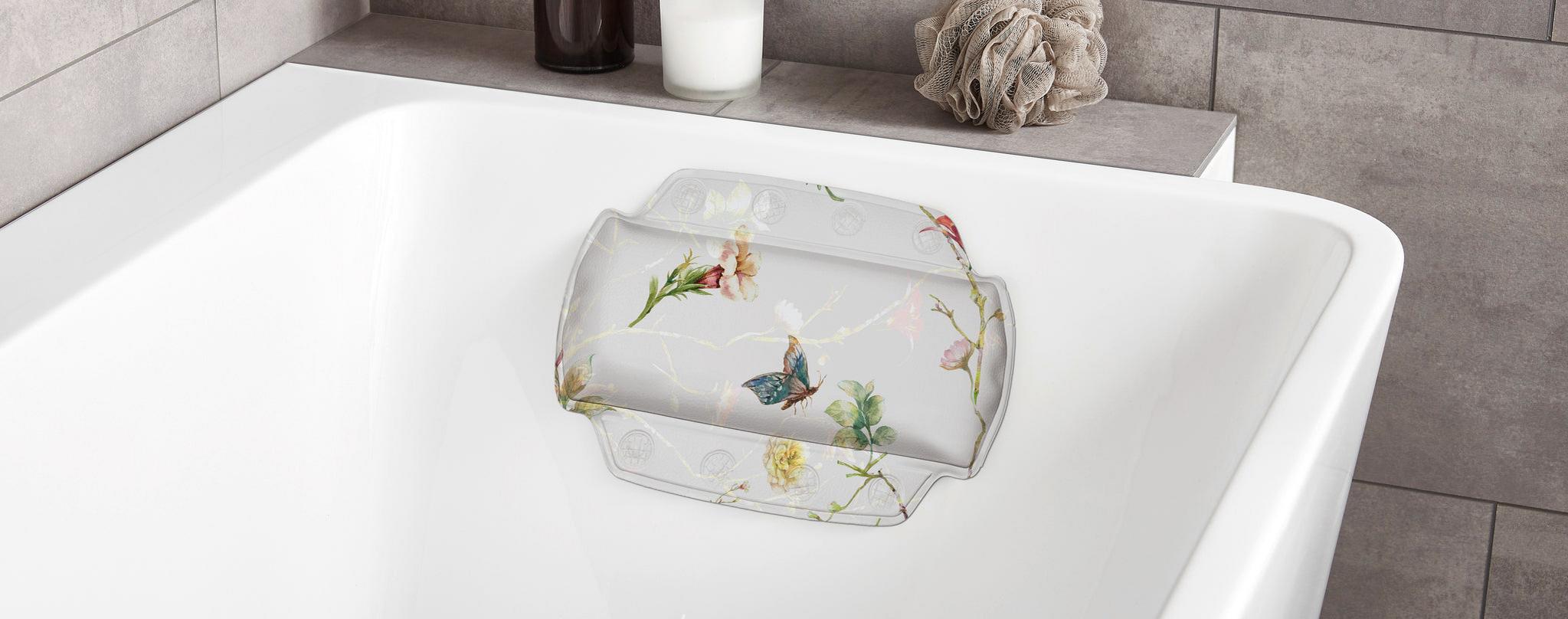 Transparente Badewannen-Kopfstütze mit Blumen- und Schmetterlingsmotiv