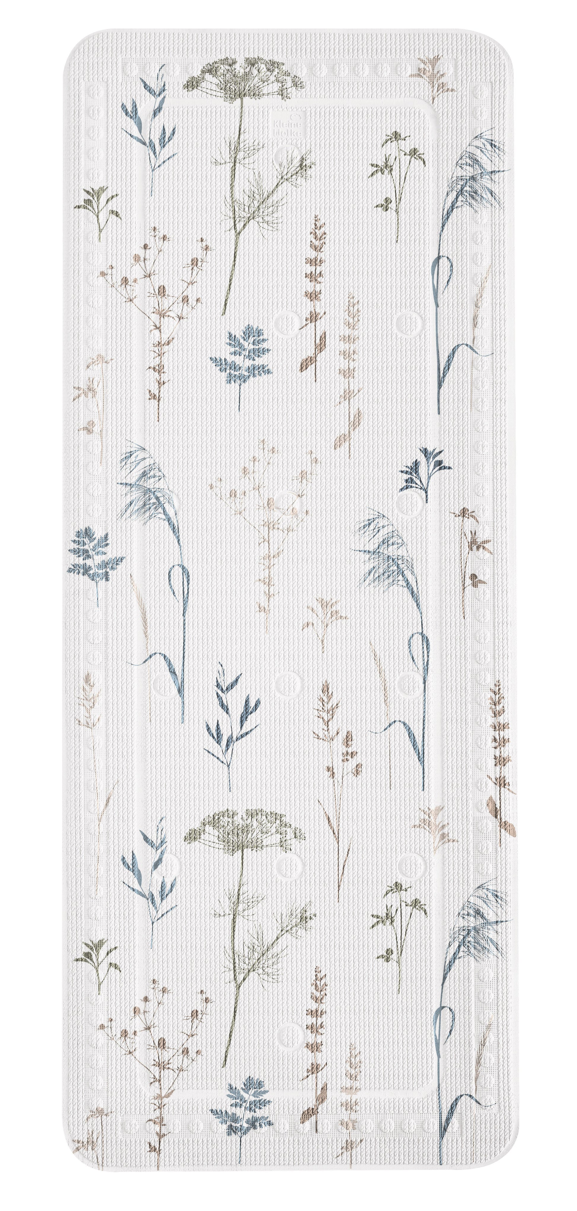 Weiße, rechteckige Badematte mit filigranen Gräsern und Blütenmotiv