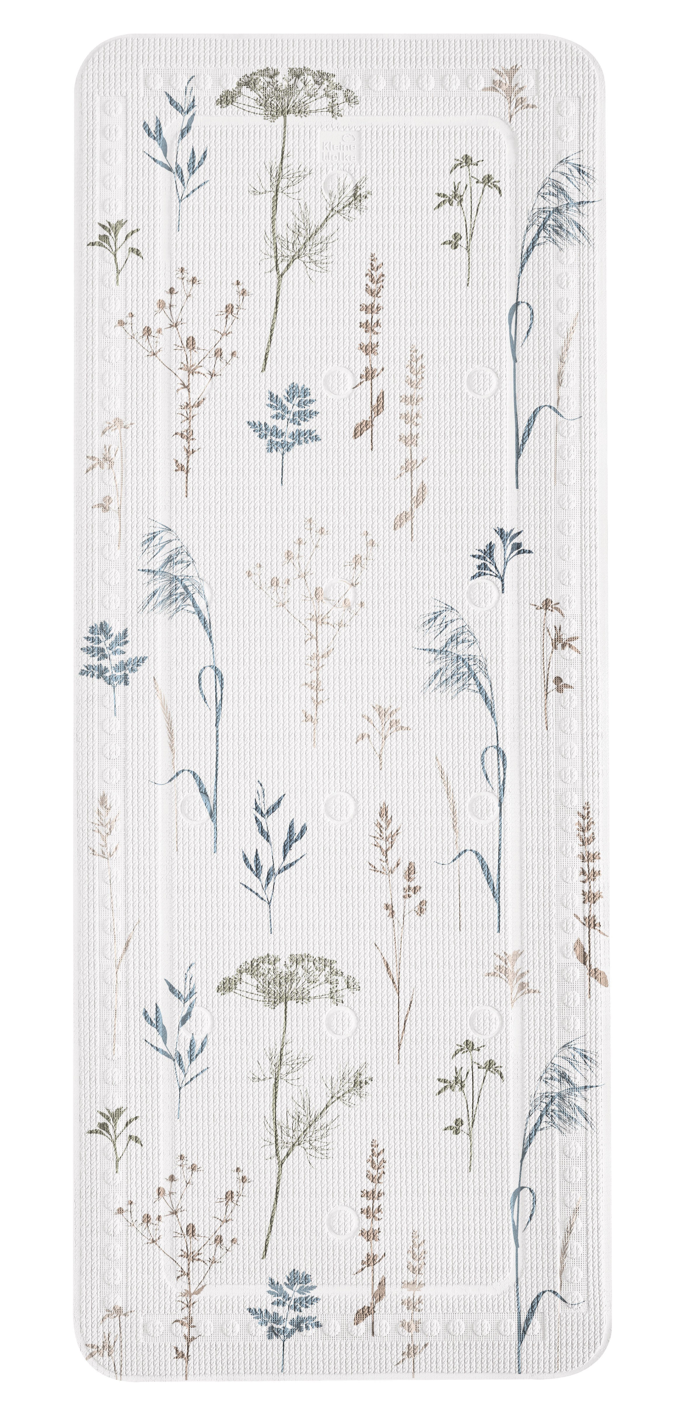 Weiße, rechteckige Badematte mit filigranen Gräsern und Blütenmotiv