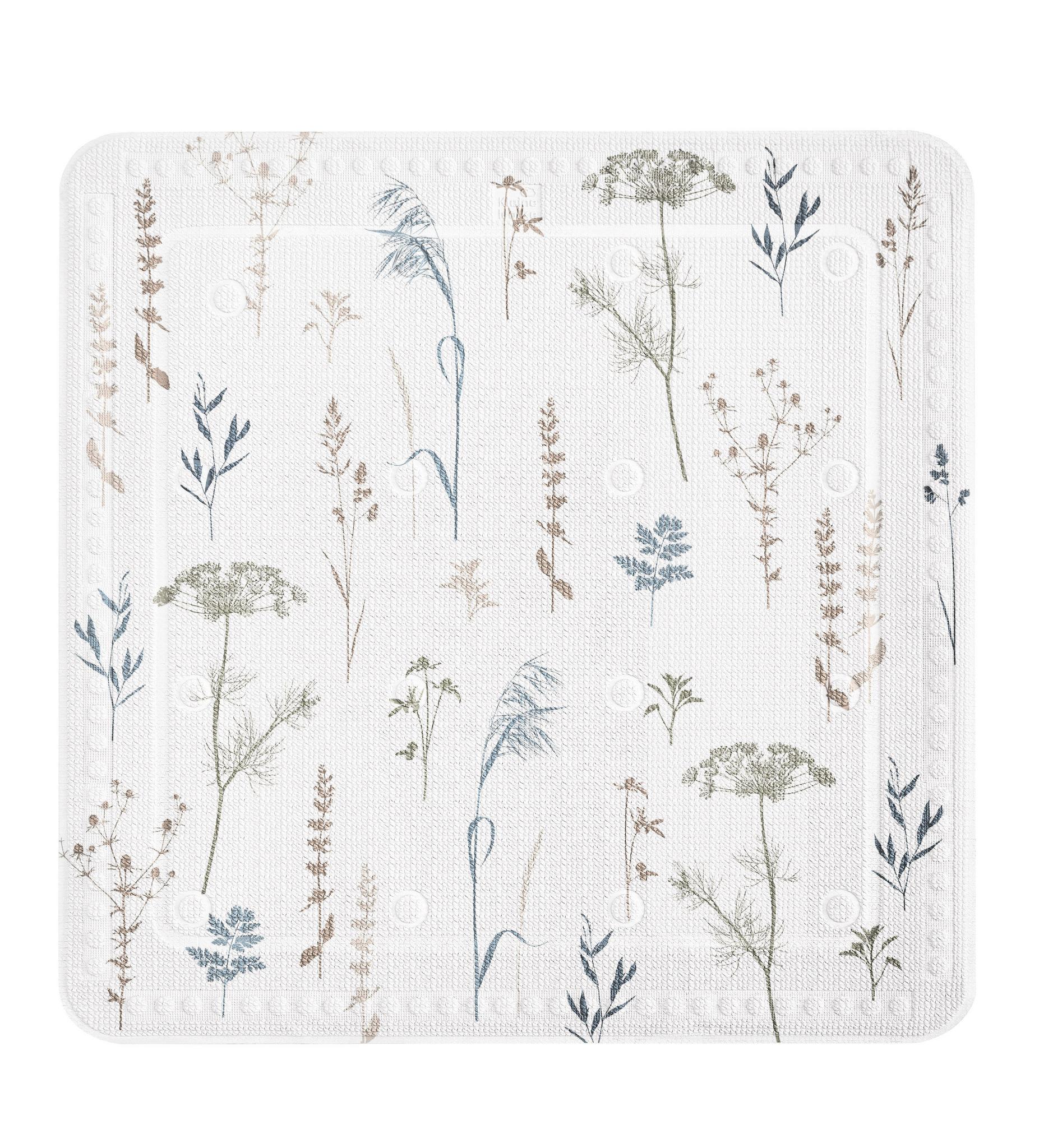 Quadratische weiße Badematte mit zarten bedruckten floralen Gräsermotiven
