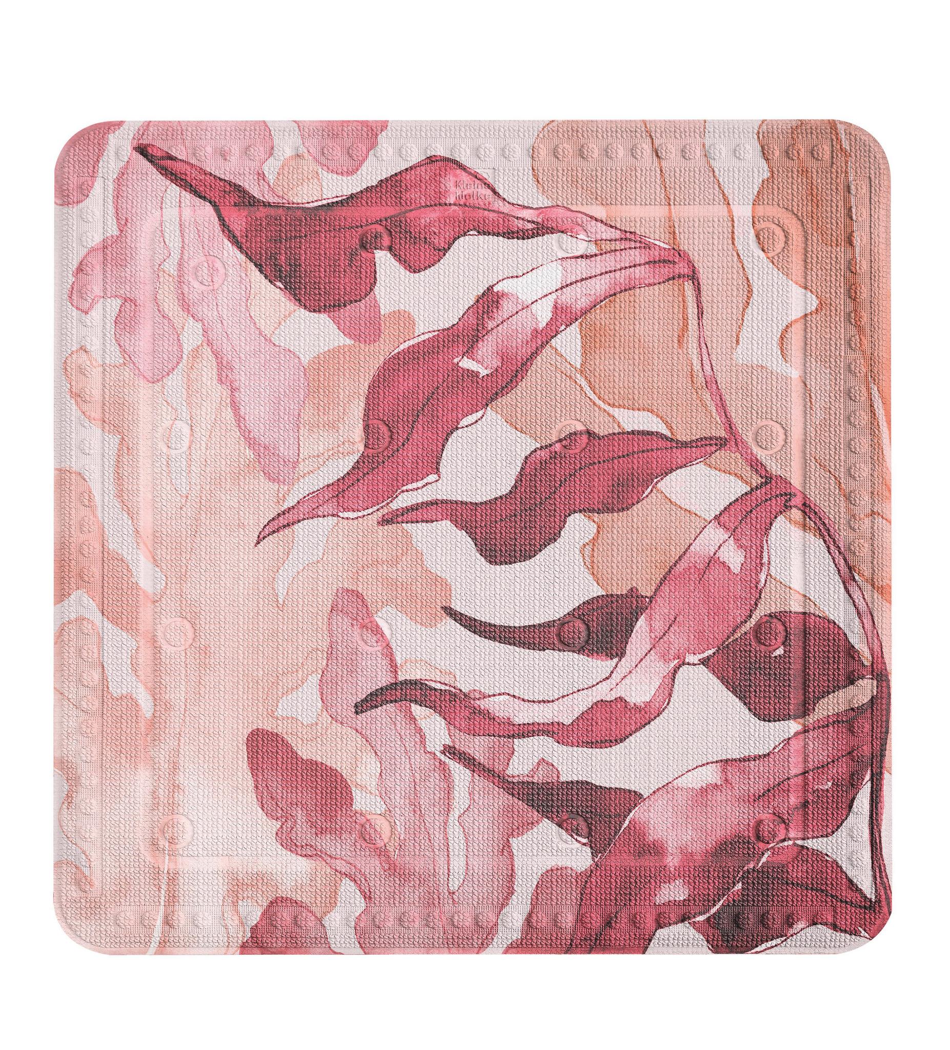 Quadratische Badematte mit rosa und roten Blattmustern auf Weiß