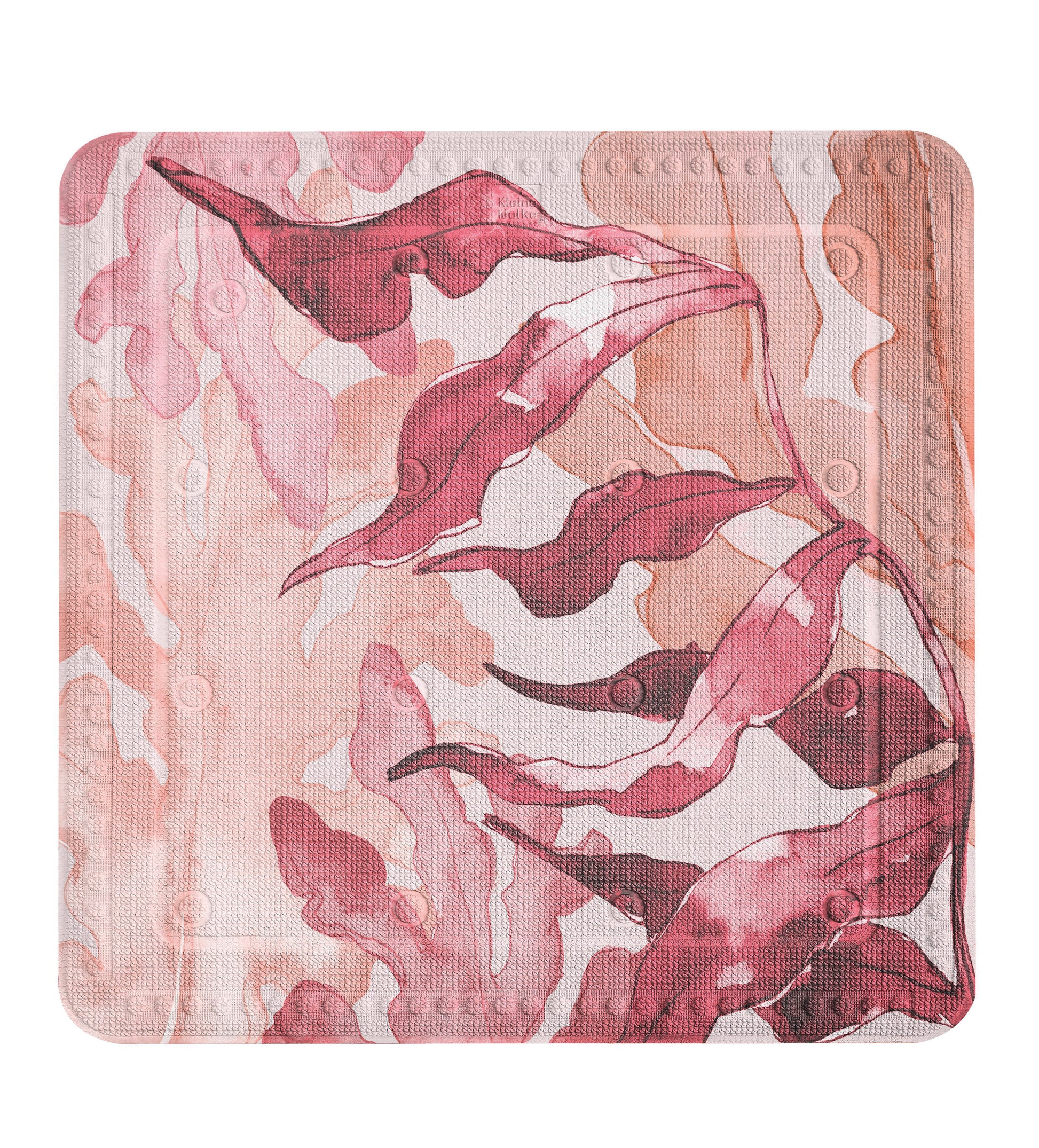 Duscheinlage BLAZE Multicolor 55 x 55 cm mit rosa und roten Blättern liegt in der Dusche.