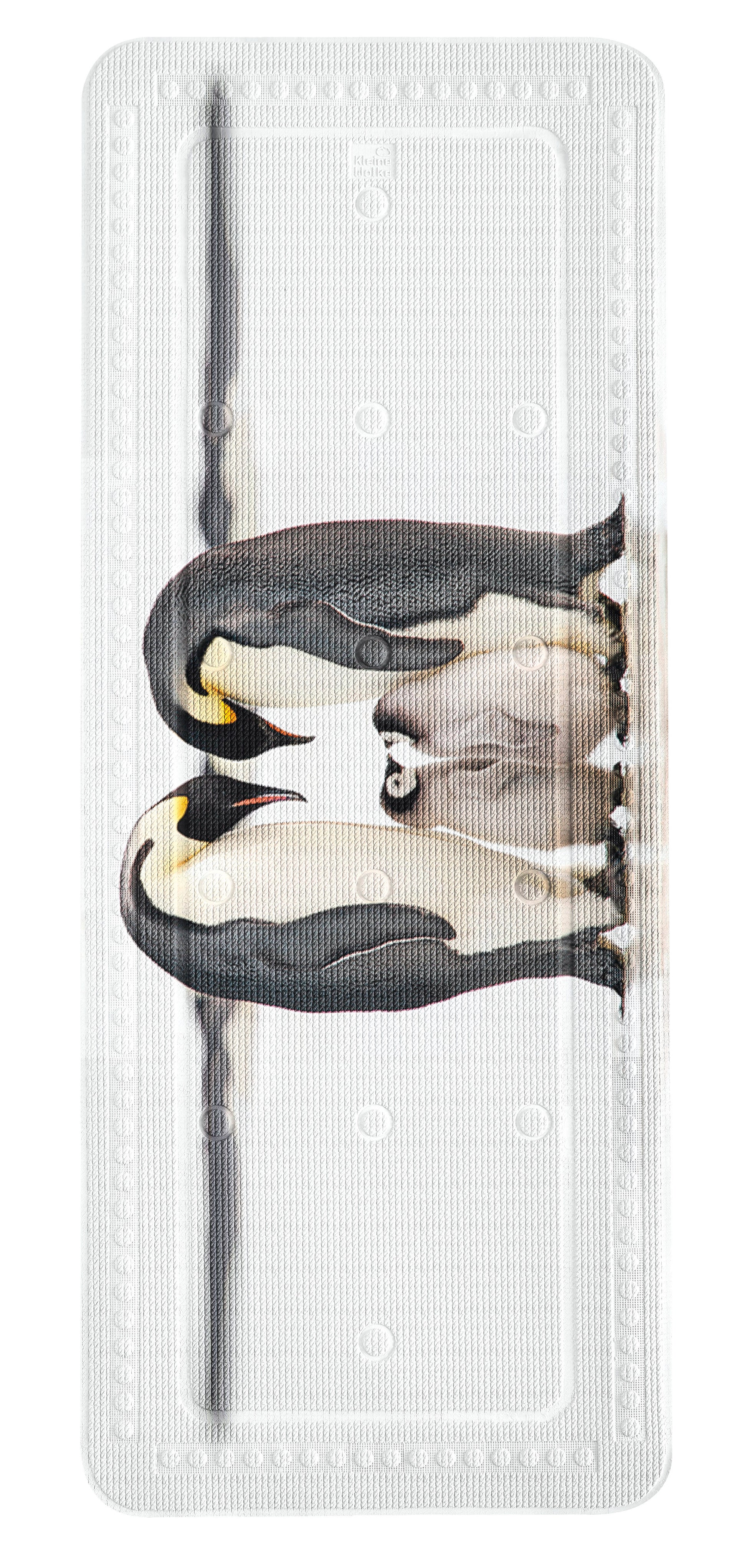 Schwarz-weiße Wanneneinlage mit Pinguinmotiv in Nahaufnahme von oben gezeigt.