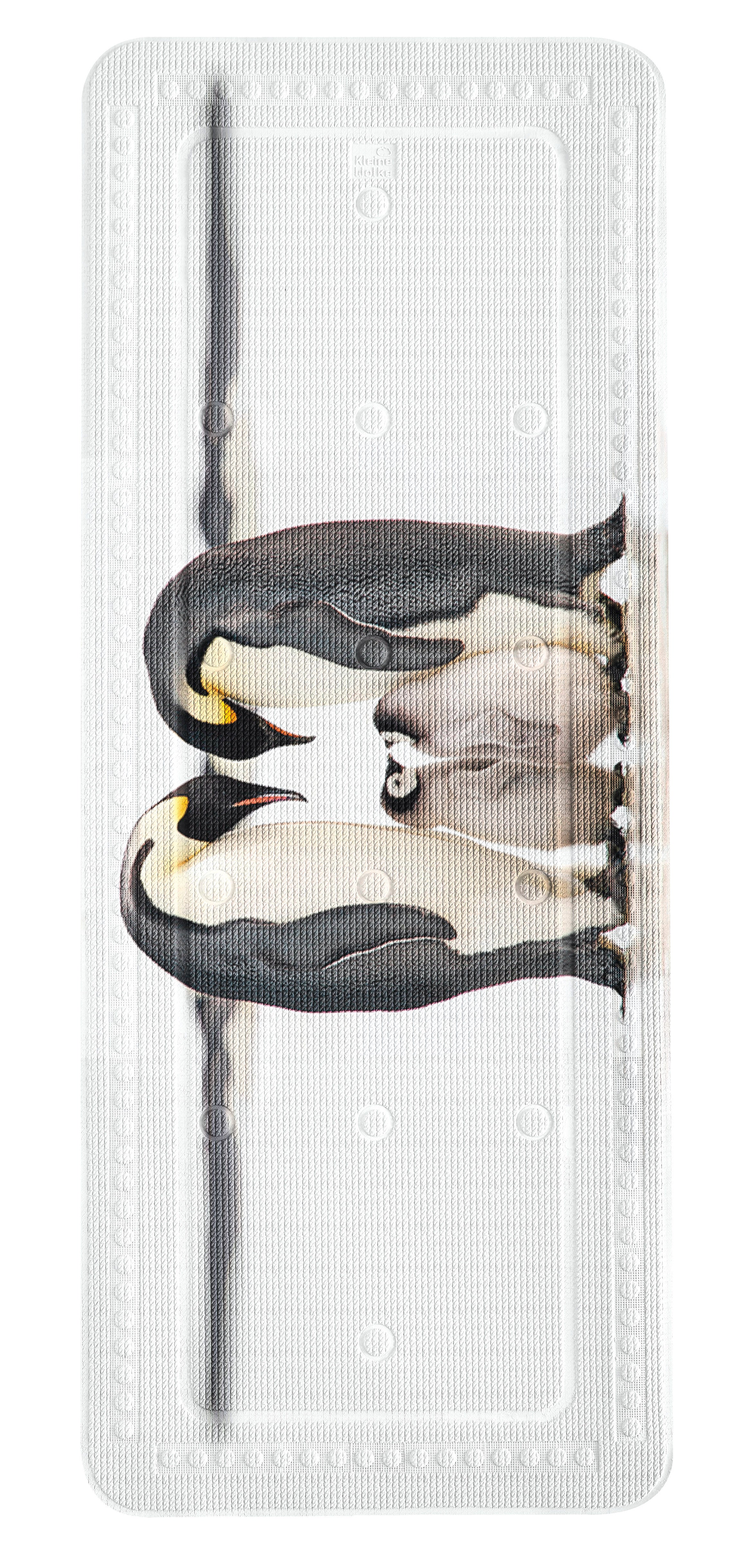 Schwarz-weiße Wanneneinlage mit Pinguinmotiv in Nahaufnahme von oben gezeigt.