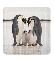 Duscheinlage JACKSONS Schwarz-Weiß 55 x 55 cm mit Pinguinmotiv zeigt zwei große und einen kleinen Pinguin.