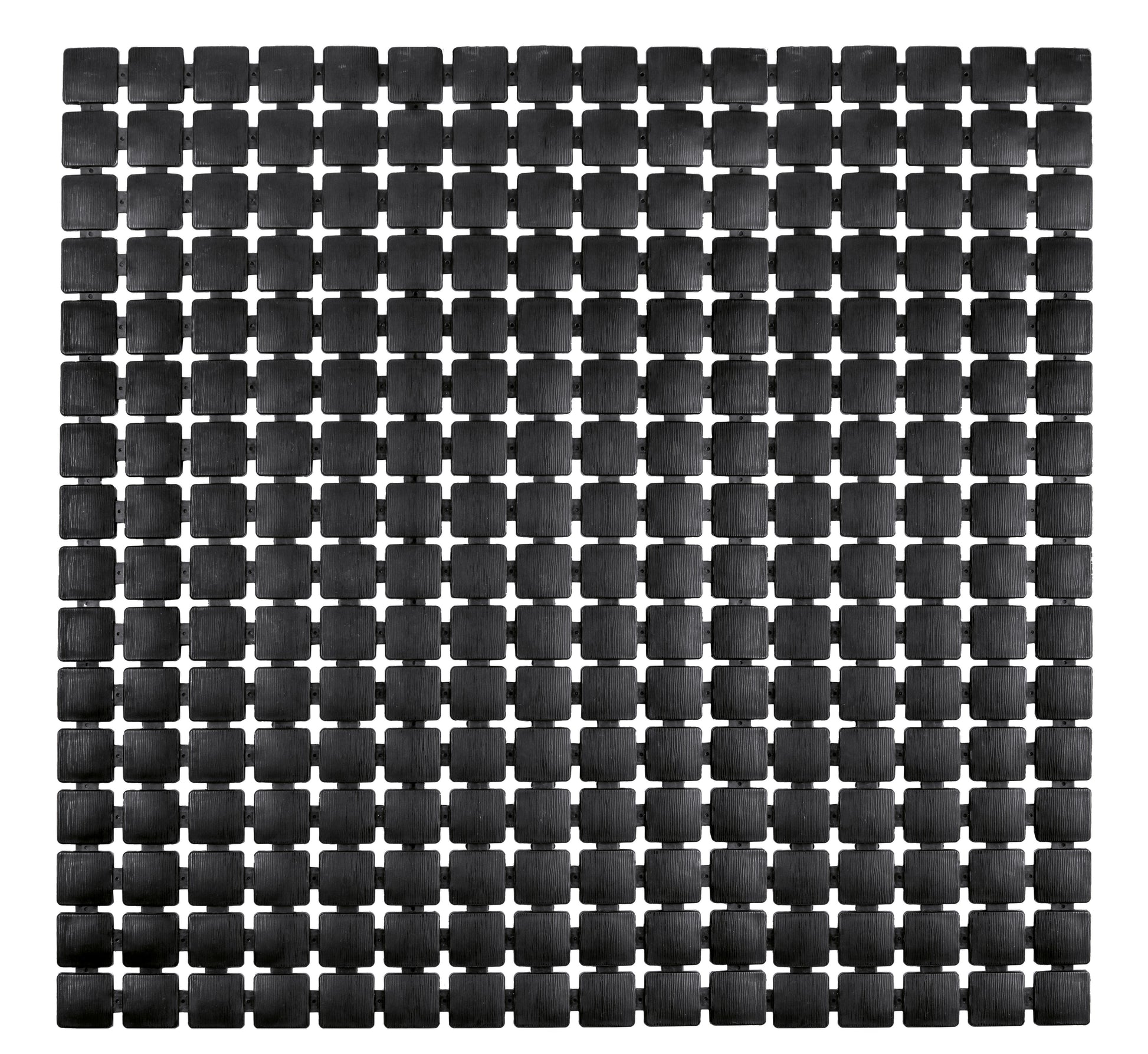 Schwarze Duscheinlage GATTY 54x54 cm liegt mit quadratischem Lochmuster flach im Bild.