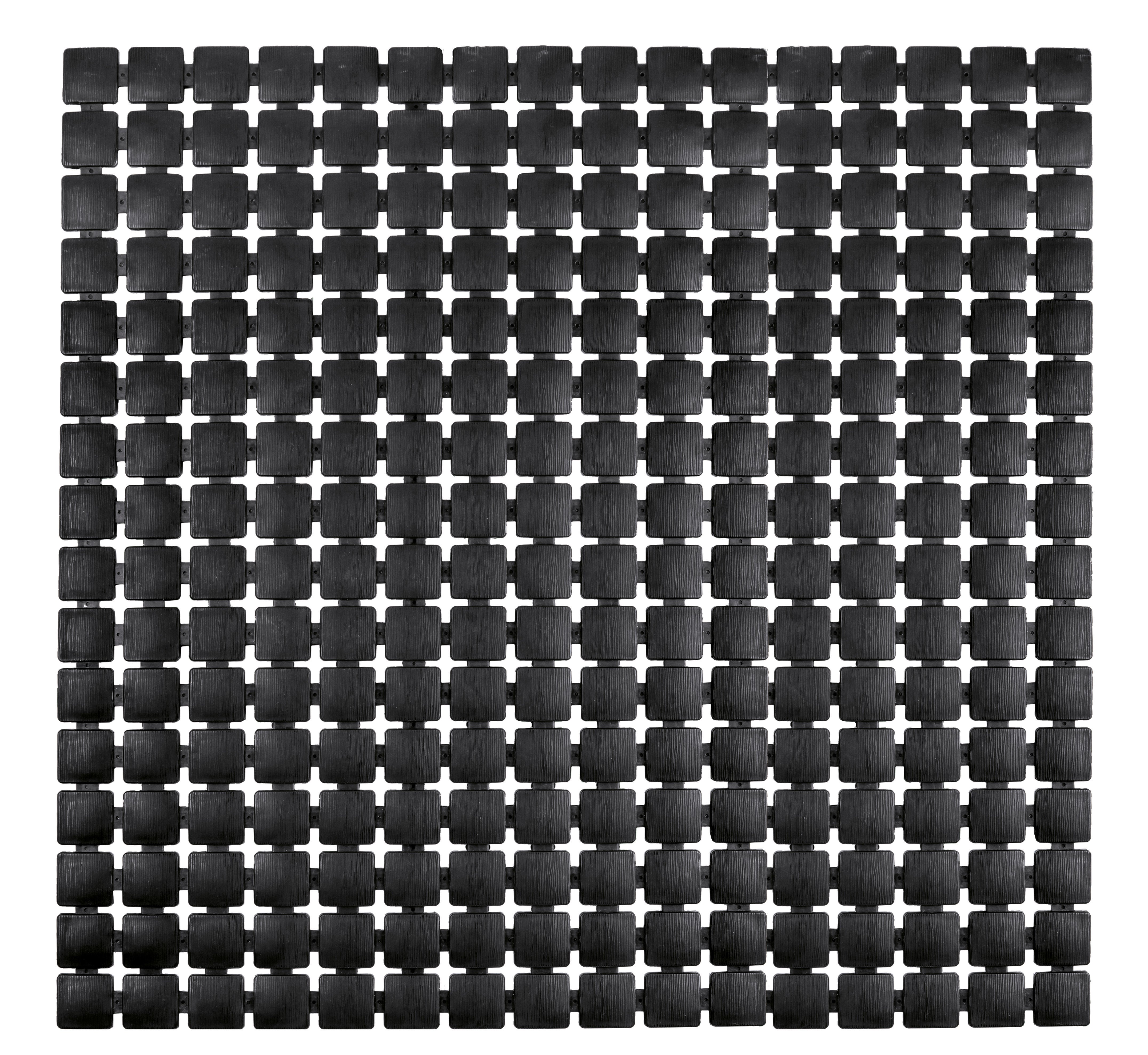 Schwarze Duscheinlage GATTY 54x54 cm liegt mit quadratischem Lochmuster flach im Bild.