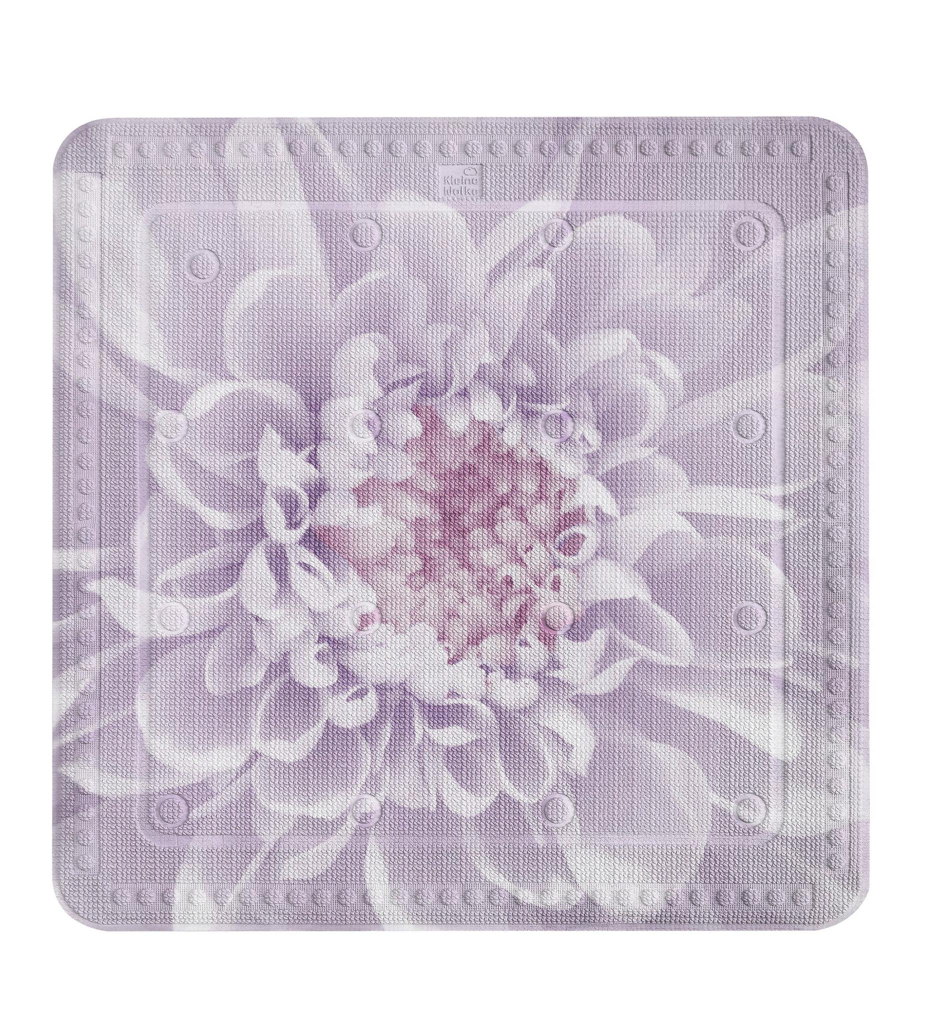 Lila Badematte mit großem Blumenmotiv und rutschhemmender Struktur