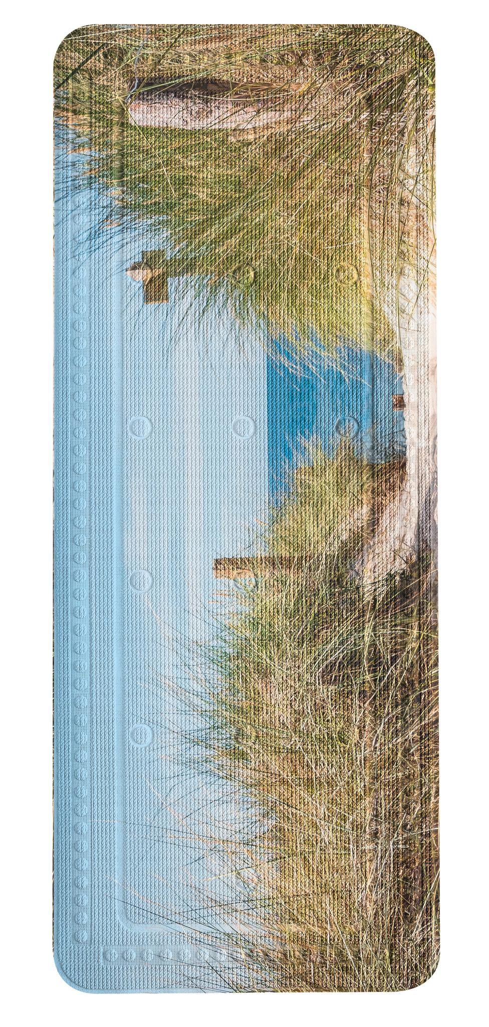 Blaue Luftmatratze mit Strandmotiv und Dünen im sommerlichen Design