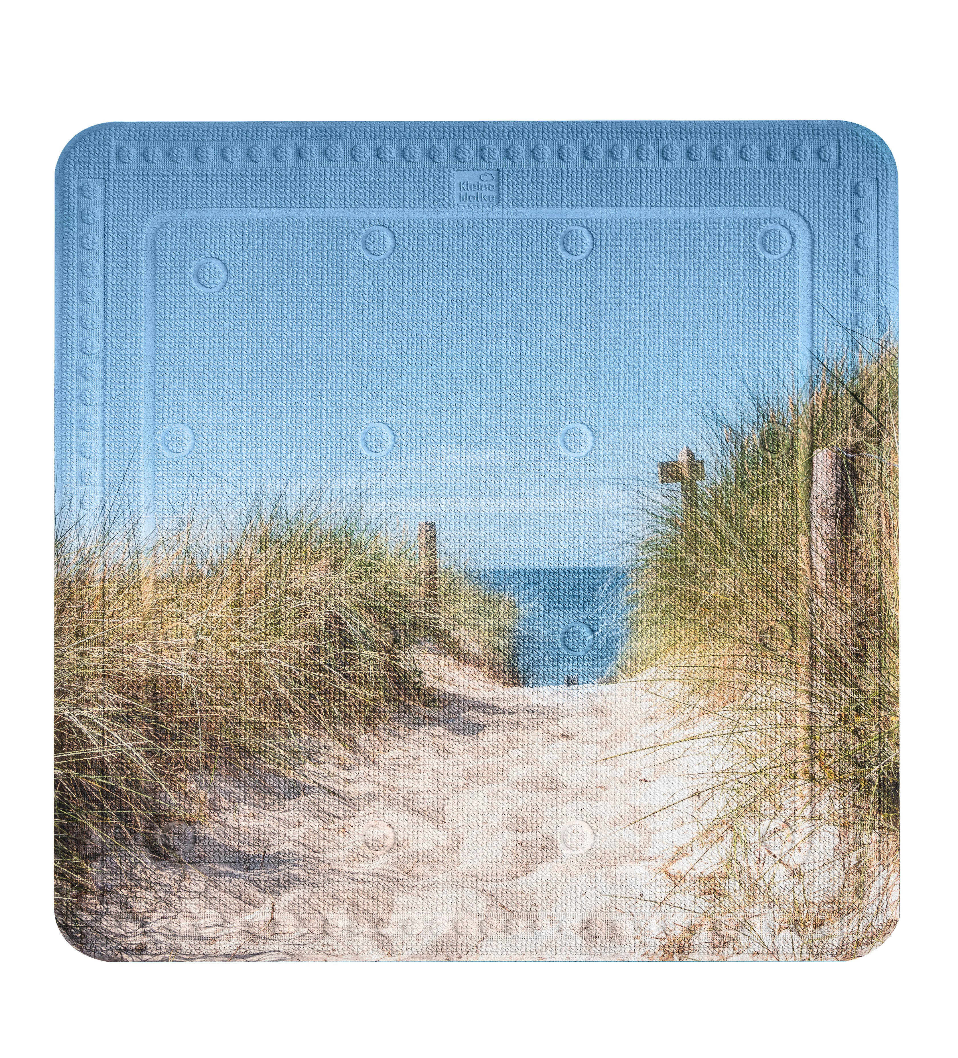 Das Bild zeigt die Duscheinlage BORKUM Multicolor 55 x 55 cm mit Strandmotiv aus Sand, Dünen und Meer.