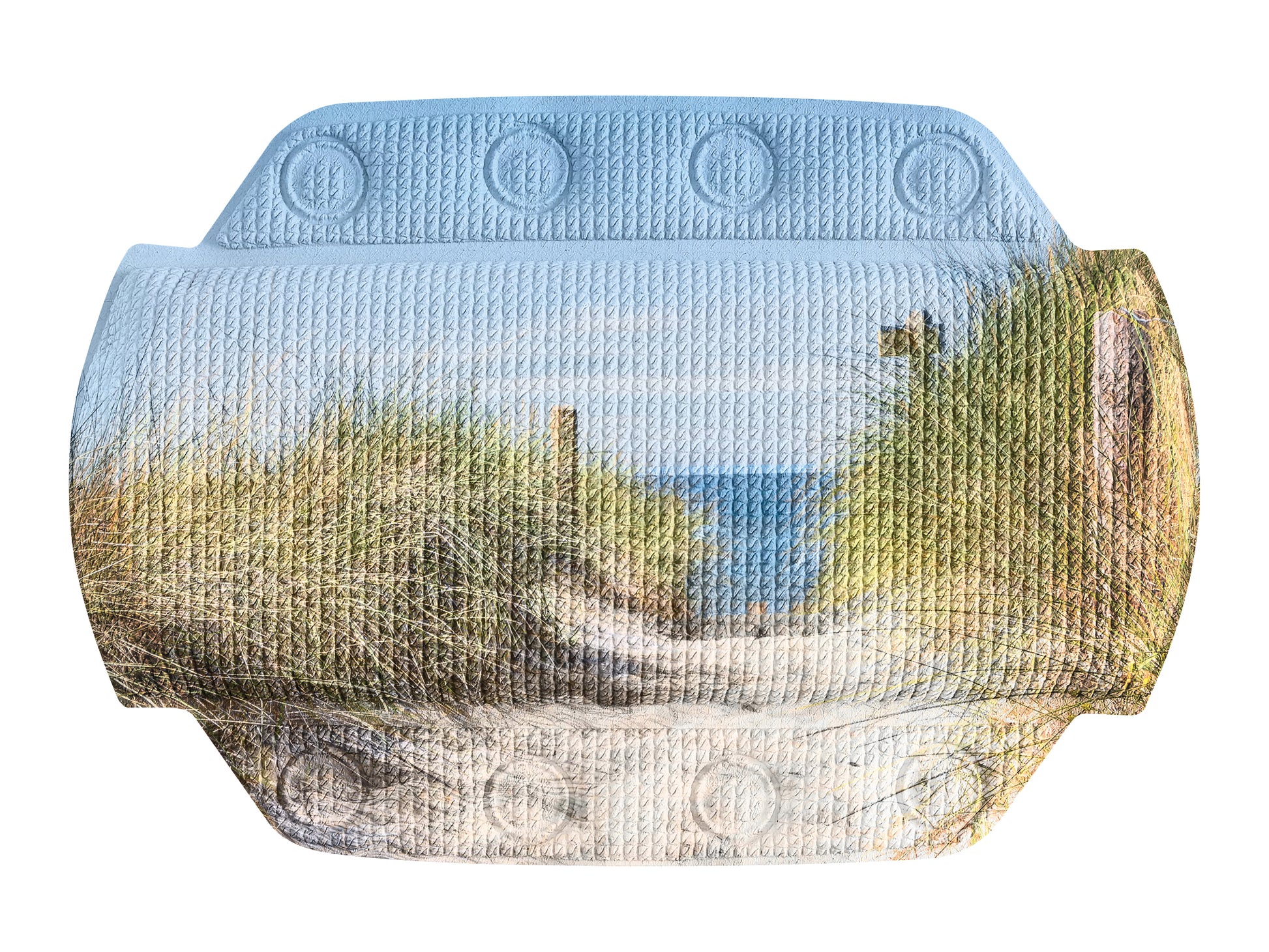 Nackenpolster BORKUM Multicolor zeigt Dünenweg mit Strandgras und Meer im Hintergrund.