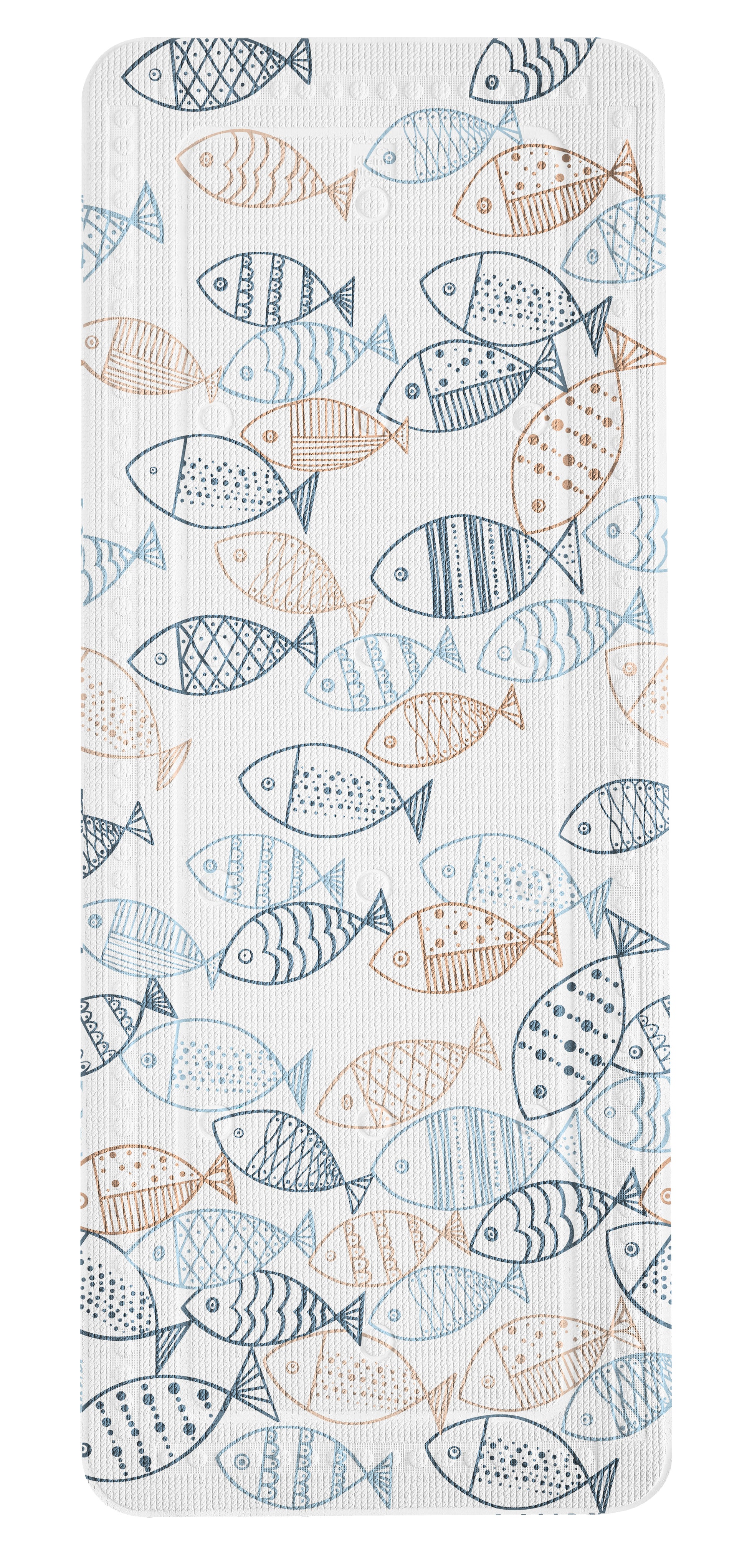 Wanneneinlage SARDINAS Multicolor 36 x 92 cm mit bunten Fischmotiven auf weißem Hintergrund ist zu sehen.