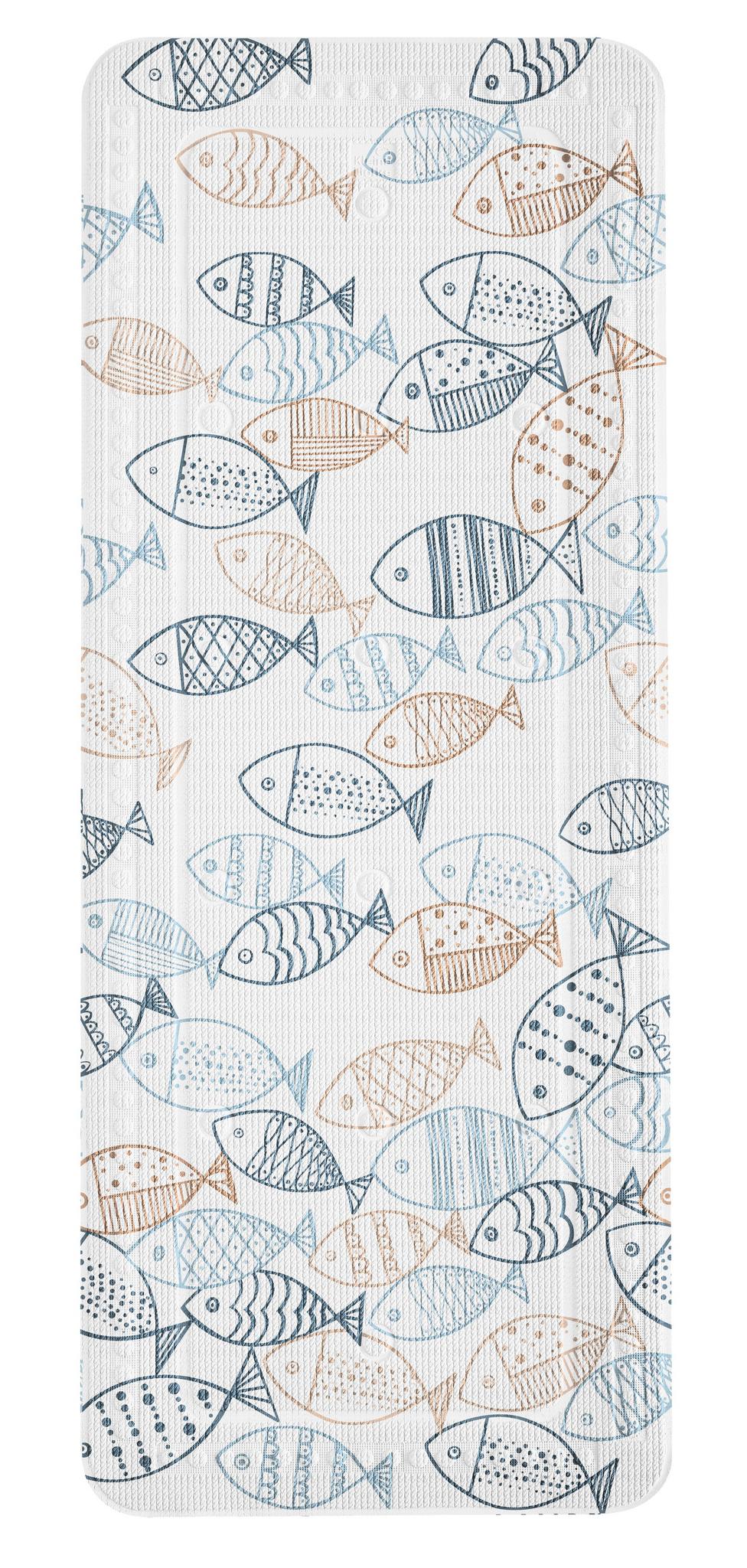 Weiße Badematte mit vielen gezeichneten Fischen in Blau und Beige Tönen