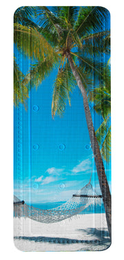 Wanneneinlage BAHAMAS Multicolor 36x92 cm mit Palmen und Hängematte vor blauem Himmel und Meer.