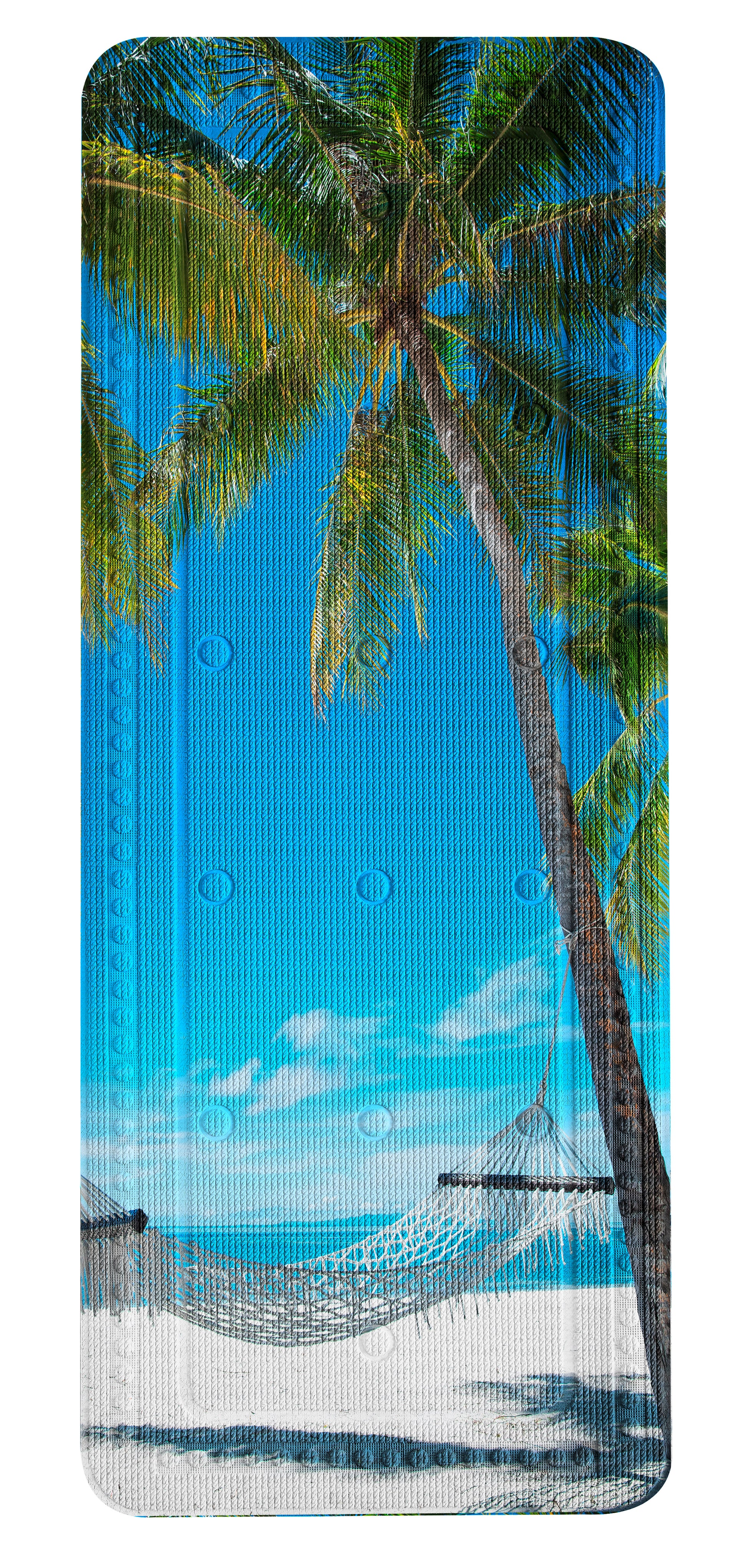Wanneneinlage BAHAMAS Multicolor 36x92 cm mit Palmen und Hängematte vor blauem Himmel und Meer.