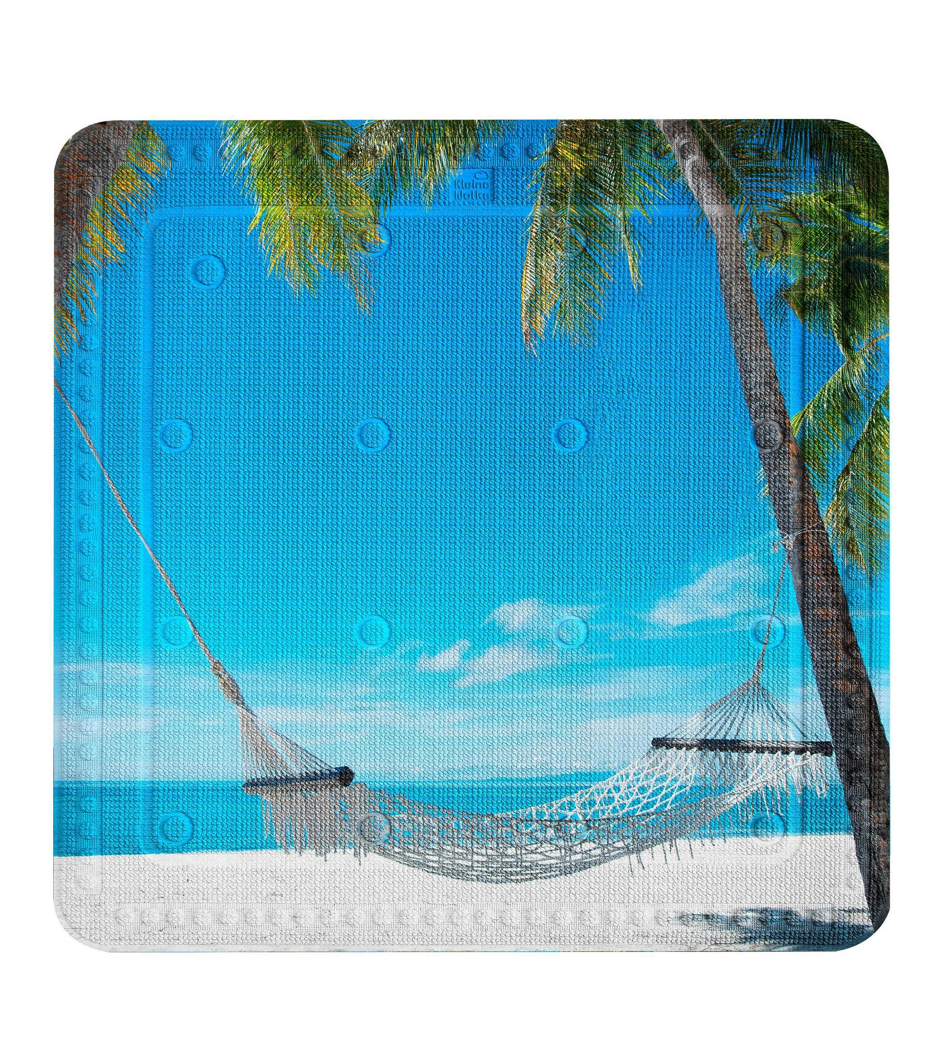 Duschvorhang mit Hängematte zwischen Palmen am Strand mit blauem Meer