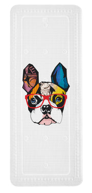 Weiße Badematte mit großem bunten Hundekopf mit roter Brille vorn