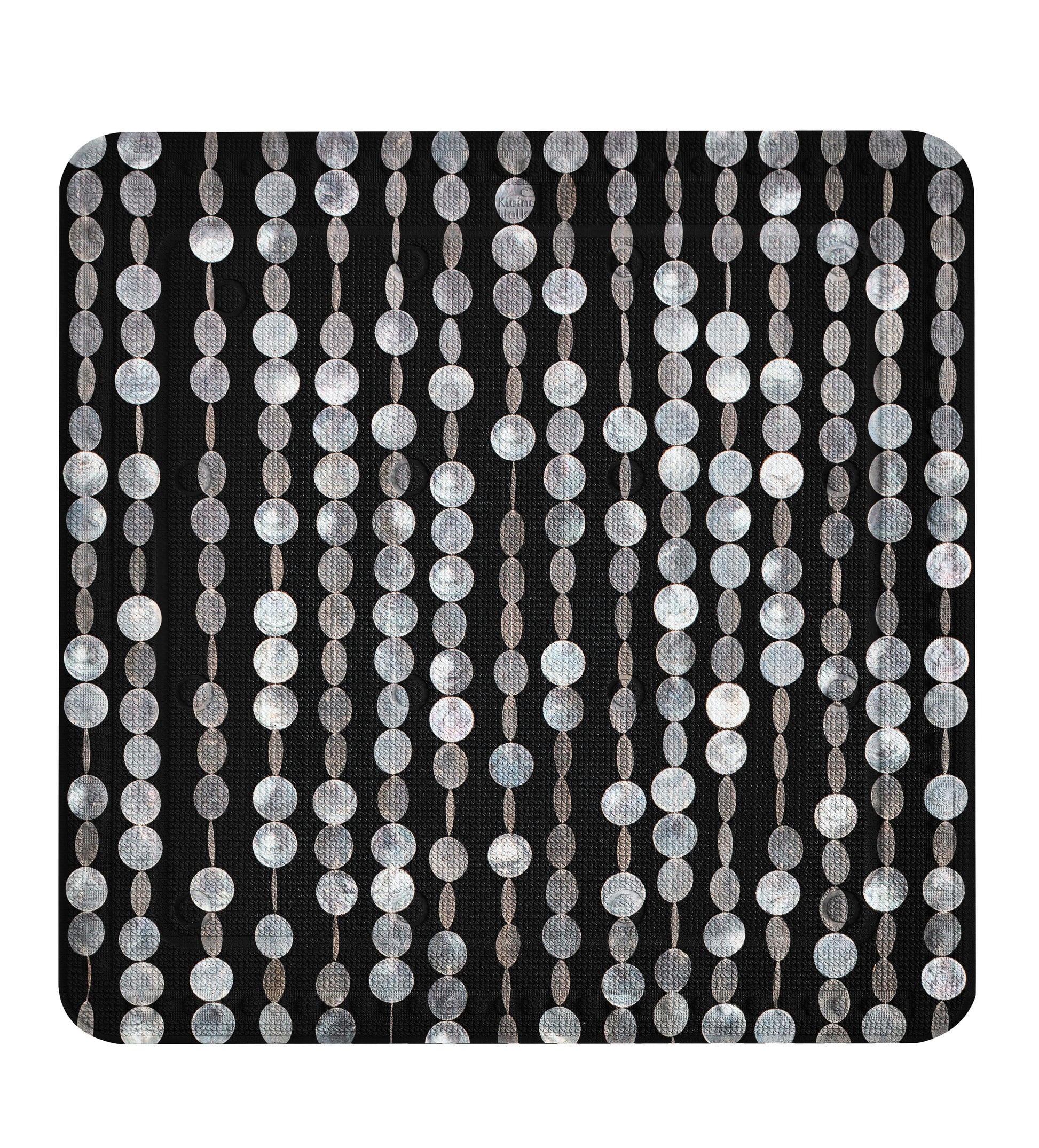 Duscheinlage PERLA Schwarz 55 x 55 cm mit silbernen runden Perlen auf schwarzem Hintergrund.
