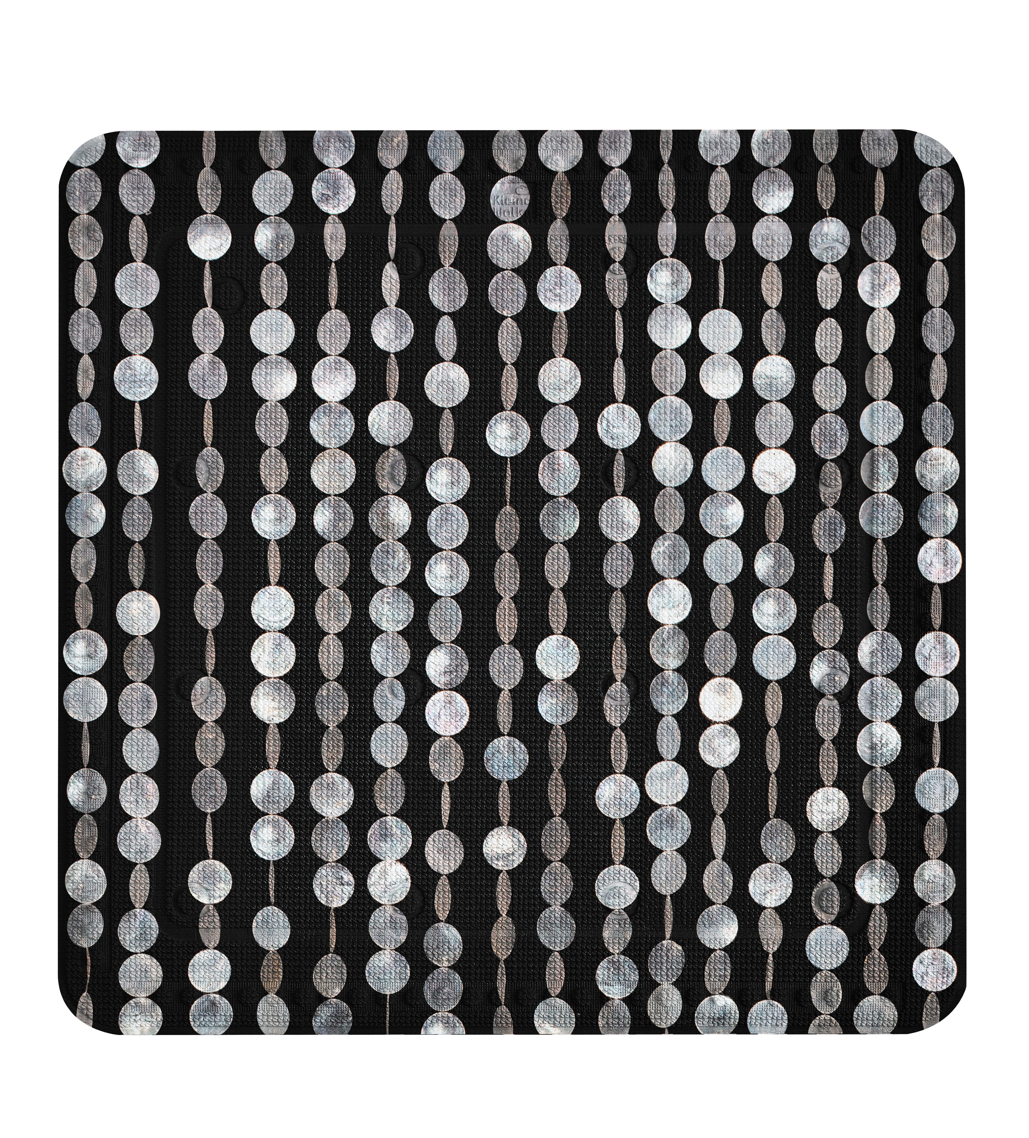 Duscheinlage PERLA Schwarz 55 x 55 cm mit silbernen runden Perlen auf schwarzem Hintergrund.