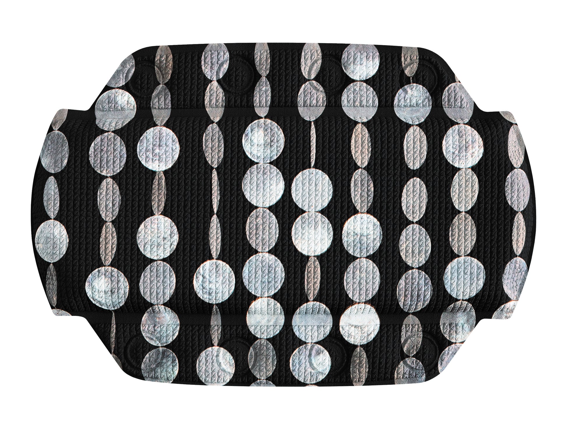 Nackenpolster PERLA Schwarz 32 x 22 cm mit weiß schimmernden Kreisen auf schwarzem Bezug in Nahaufnahme.