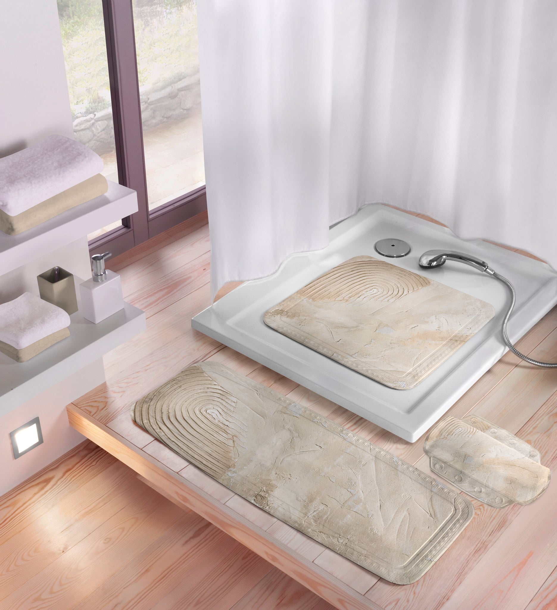 Duscheinlage ART Natur 55 x 55 cm liegt in einer weißen Duschwanne mit Handbrause im Bad.