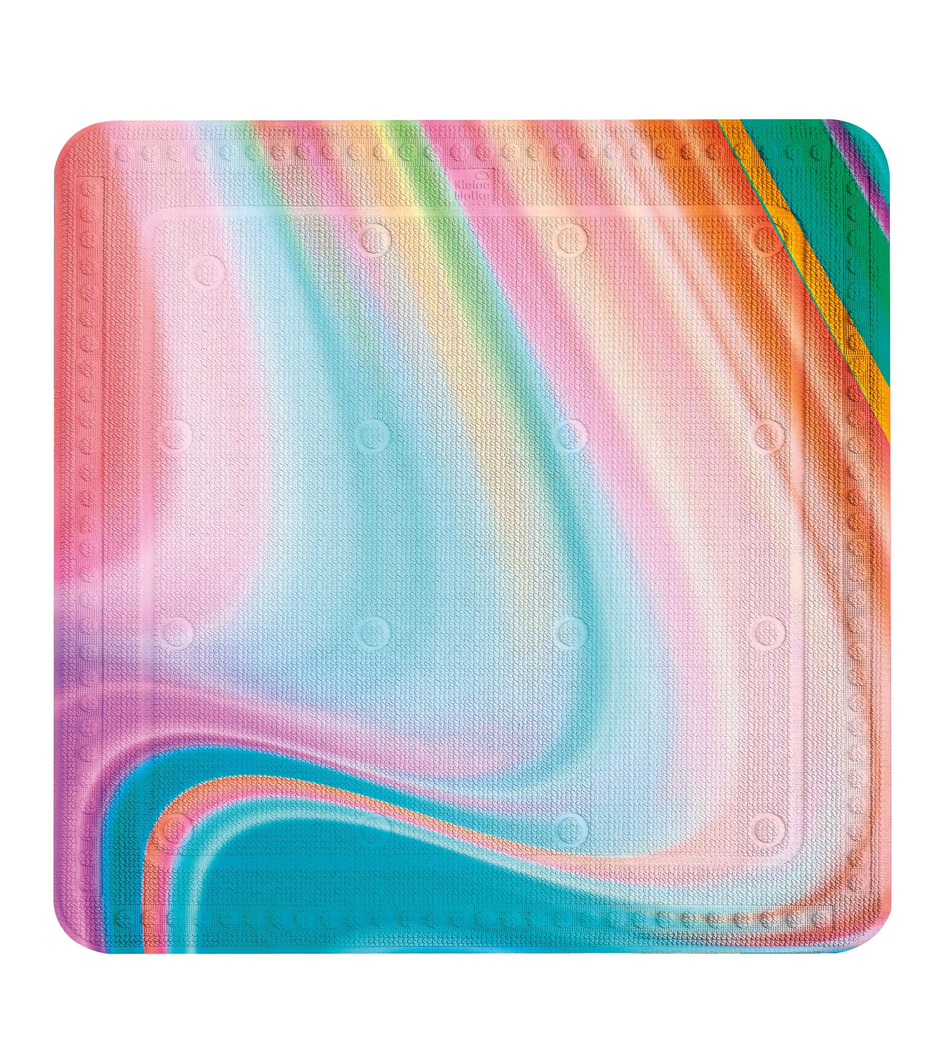 Quadratische, bunte Badematte mit pastelligen Farbverläufen und Rahmen