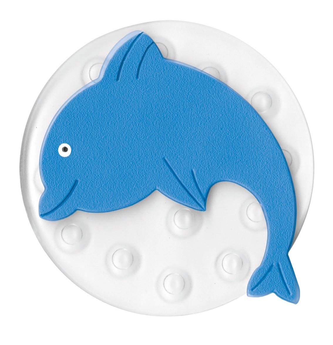 Runde weiße Antirutschmatte mit blauem Delfinmotiv und Noppenstruktur