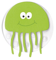 Grüne, lächelnde Qualle mit großen Augen auf rundem, weißem Hintergrund