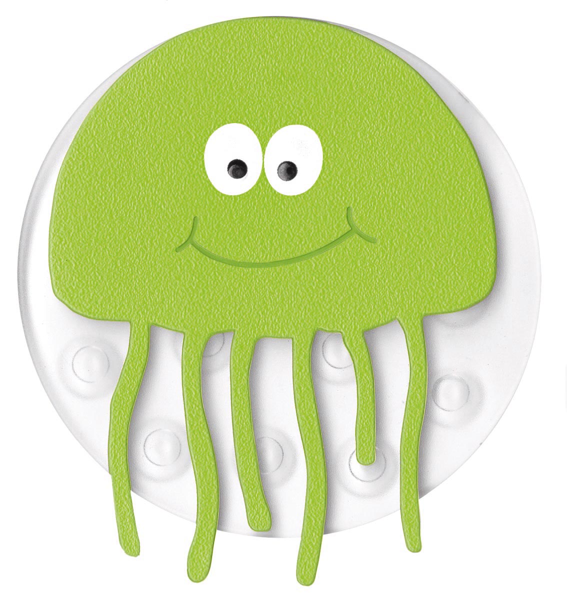 Grüne, lächelnde Qualle mit großen Augen auf rundem, weißem Hintergrund
