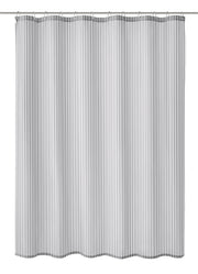 Grau weiß gestreifter Textil Duschvorhang SANNA hängt glatt an einer Stange.