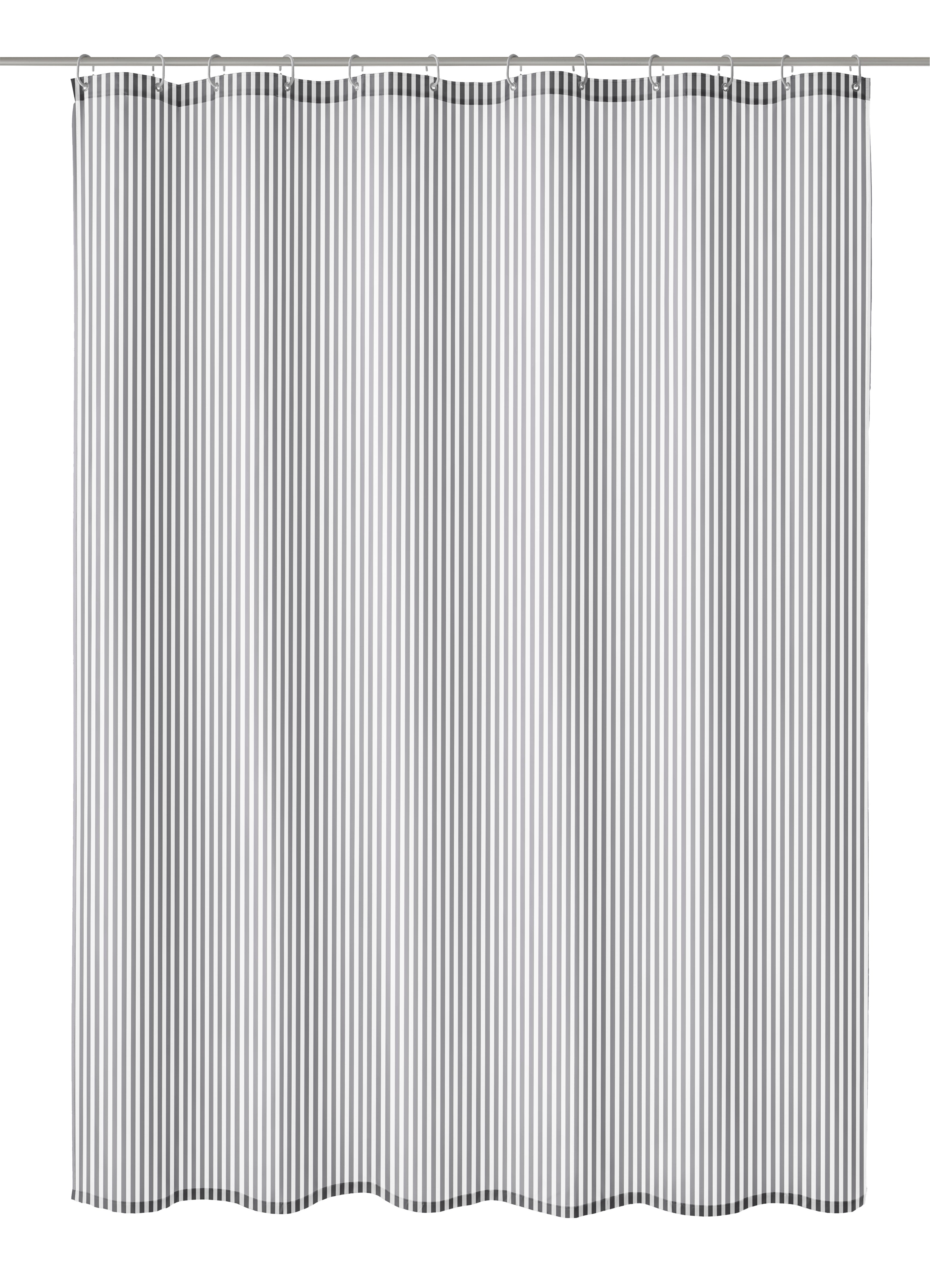 Grau weiß gestreifter Textil Duschvorhang SANNA hängt glatt an einer Stange.