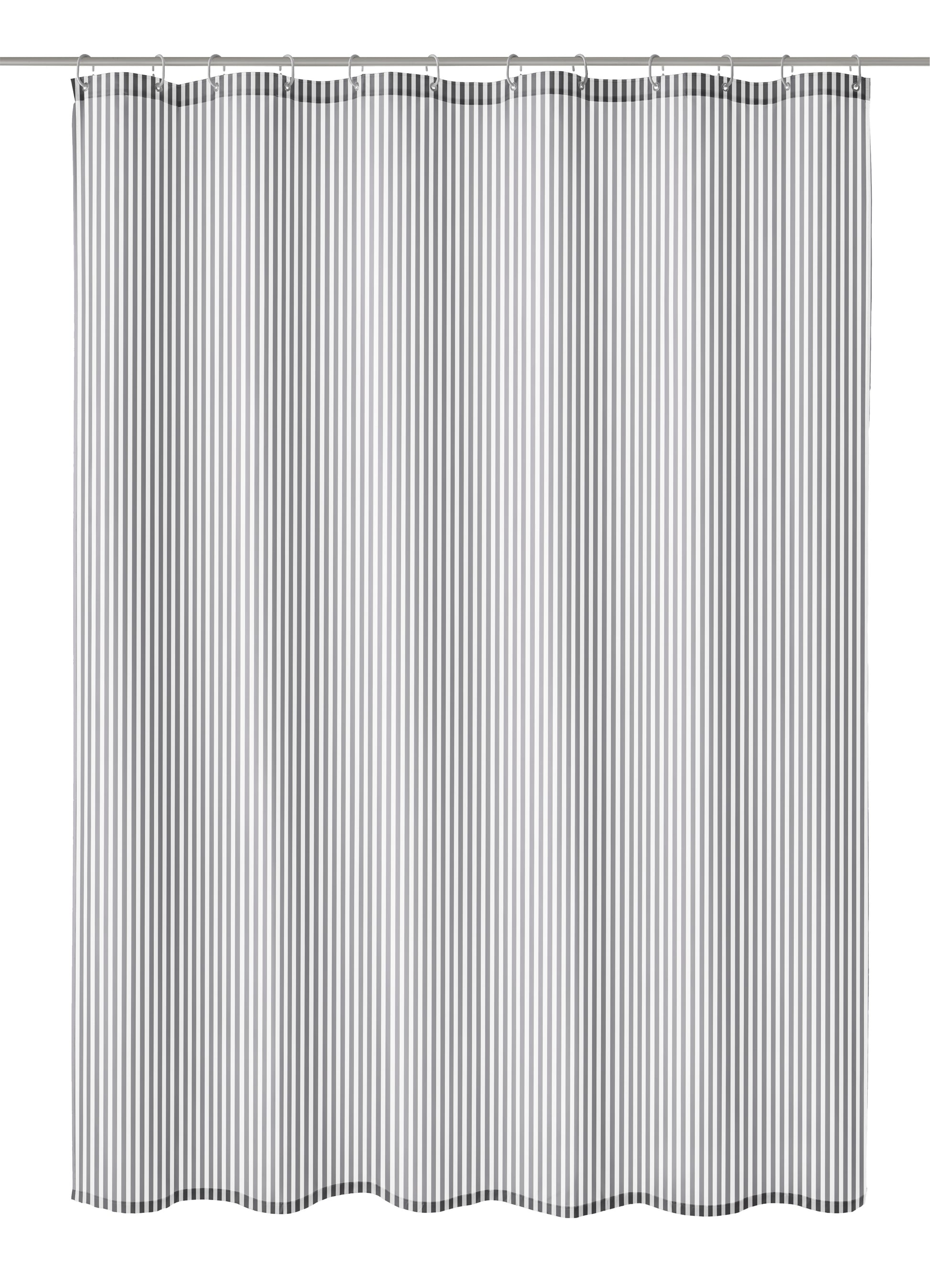 Grau gestreifter Duschvorhang SANNA aus Textil hängt glatt an einer Duschstange.