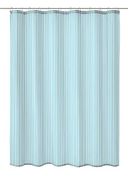 Duschvorhang Textil SANNA Opal 120 x 200 cm mit türkis-grauen Streifen hängt an einer Duschstange.