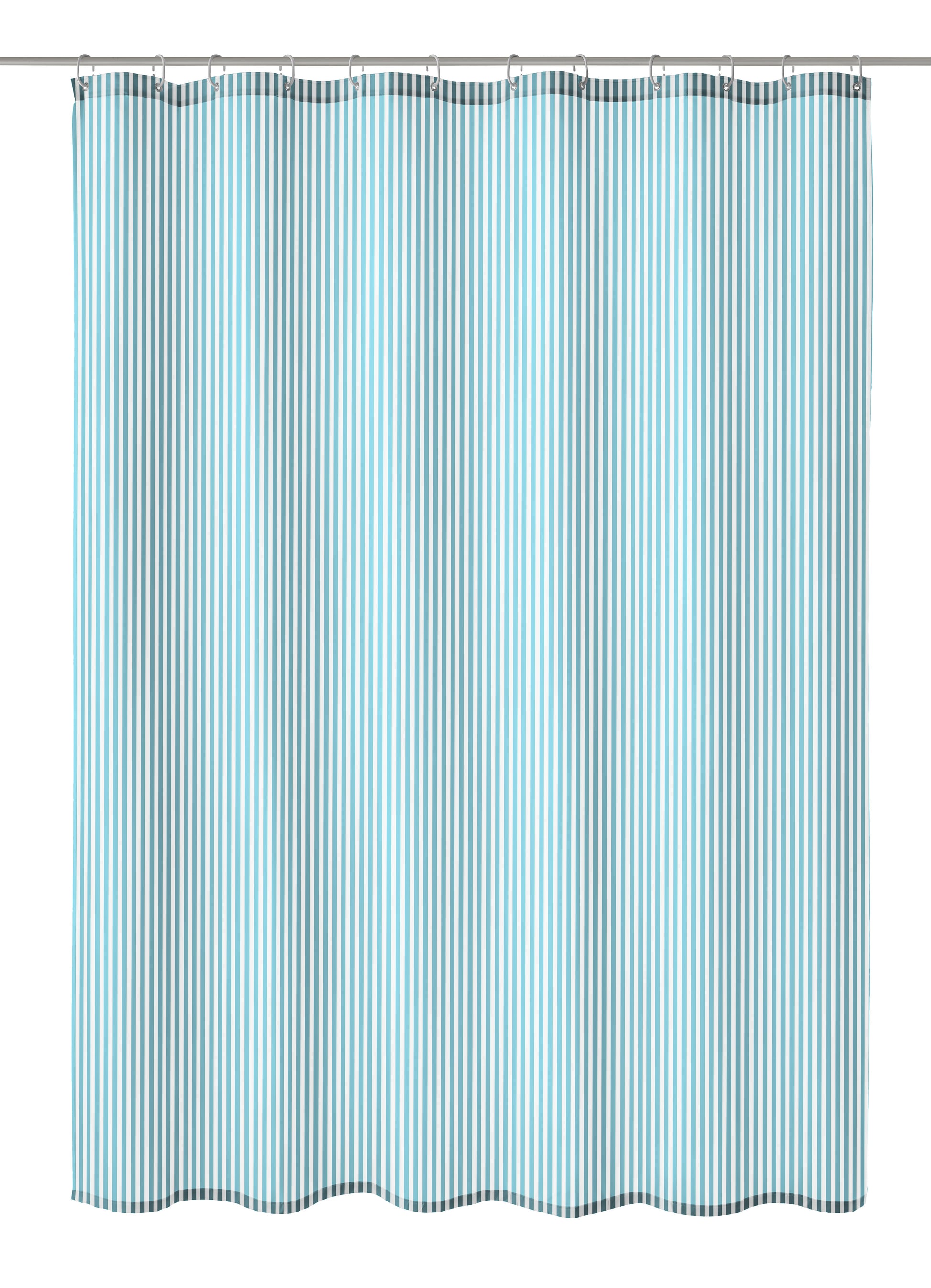 Duschvorhang Textil SANNA Opal 120 x 200 cm mit türkis-grauen Streifen hängt an einer Duschstange.