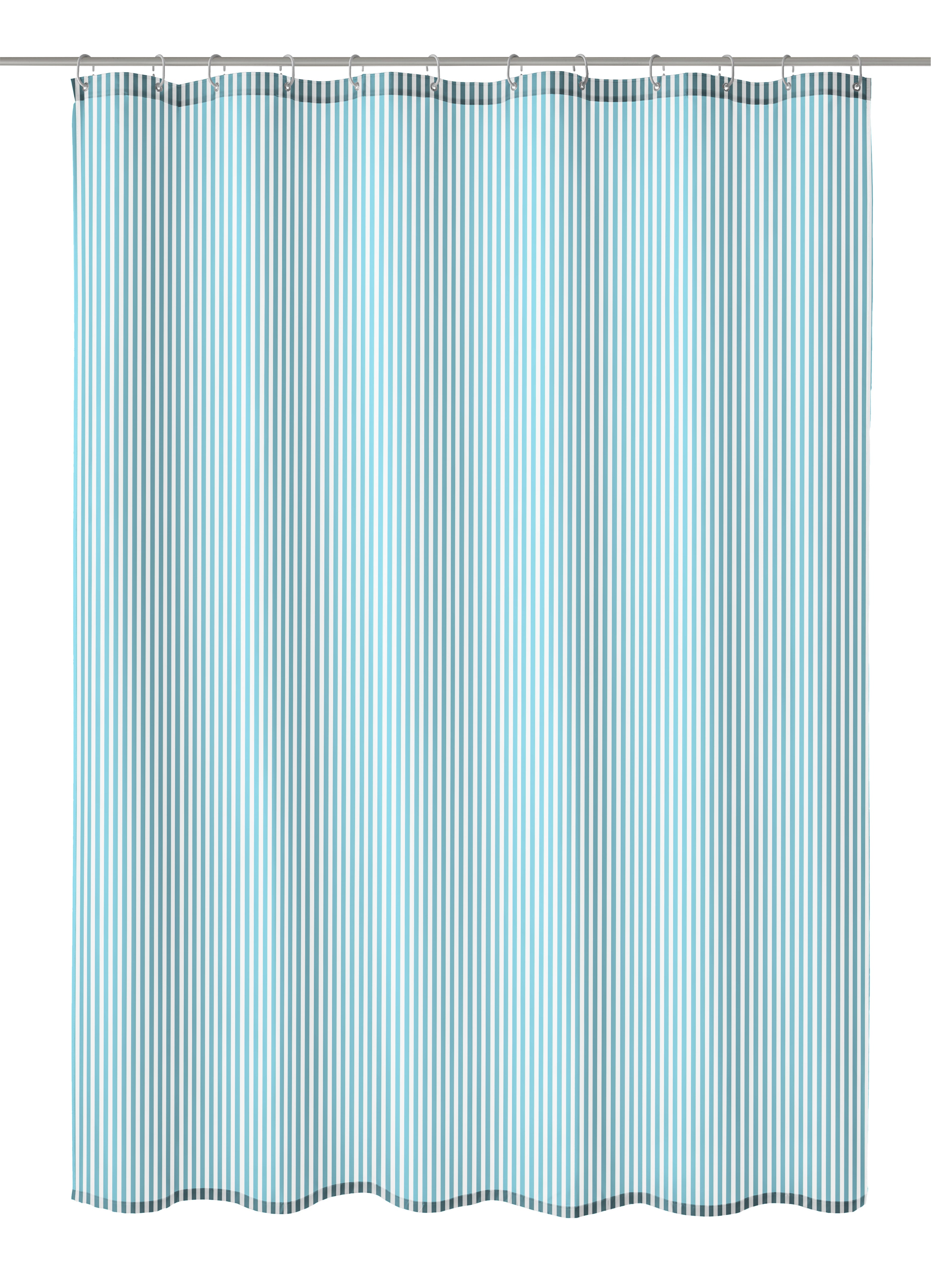Duschvorhang Textil SANNA Opal 120 x 200 cm mit türkis-grauen Streifen hängt an einer Duschstange.