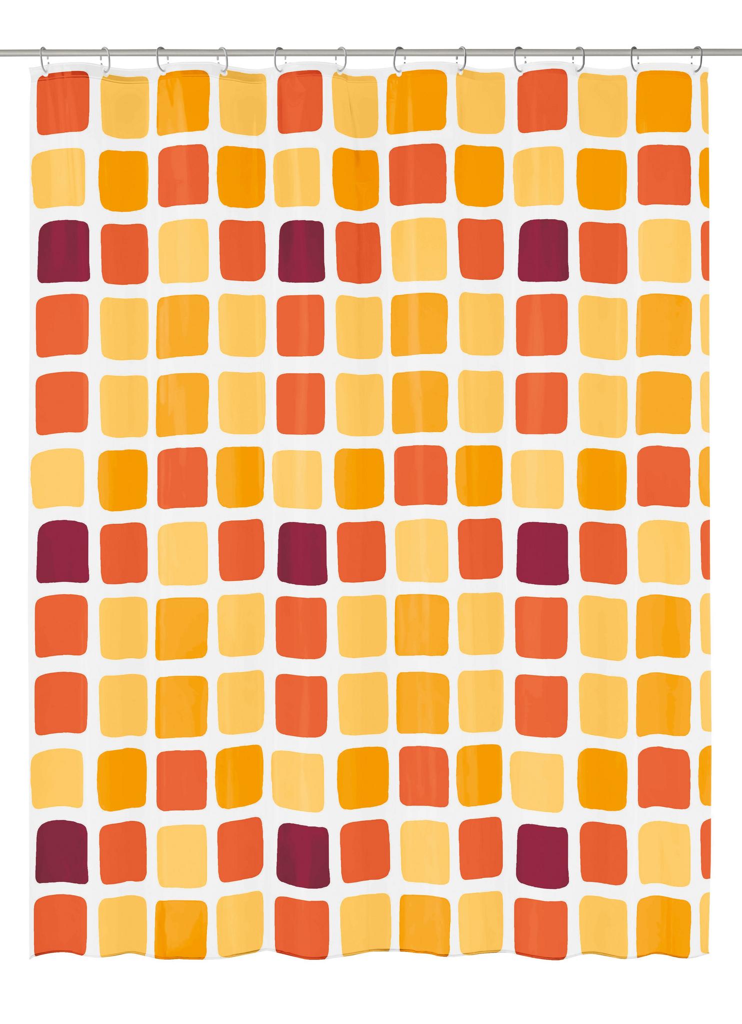 Duschvorhang mit gelben, orangen und roten Quadraten auf Weißgrund