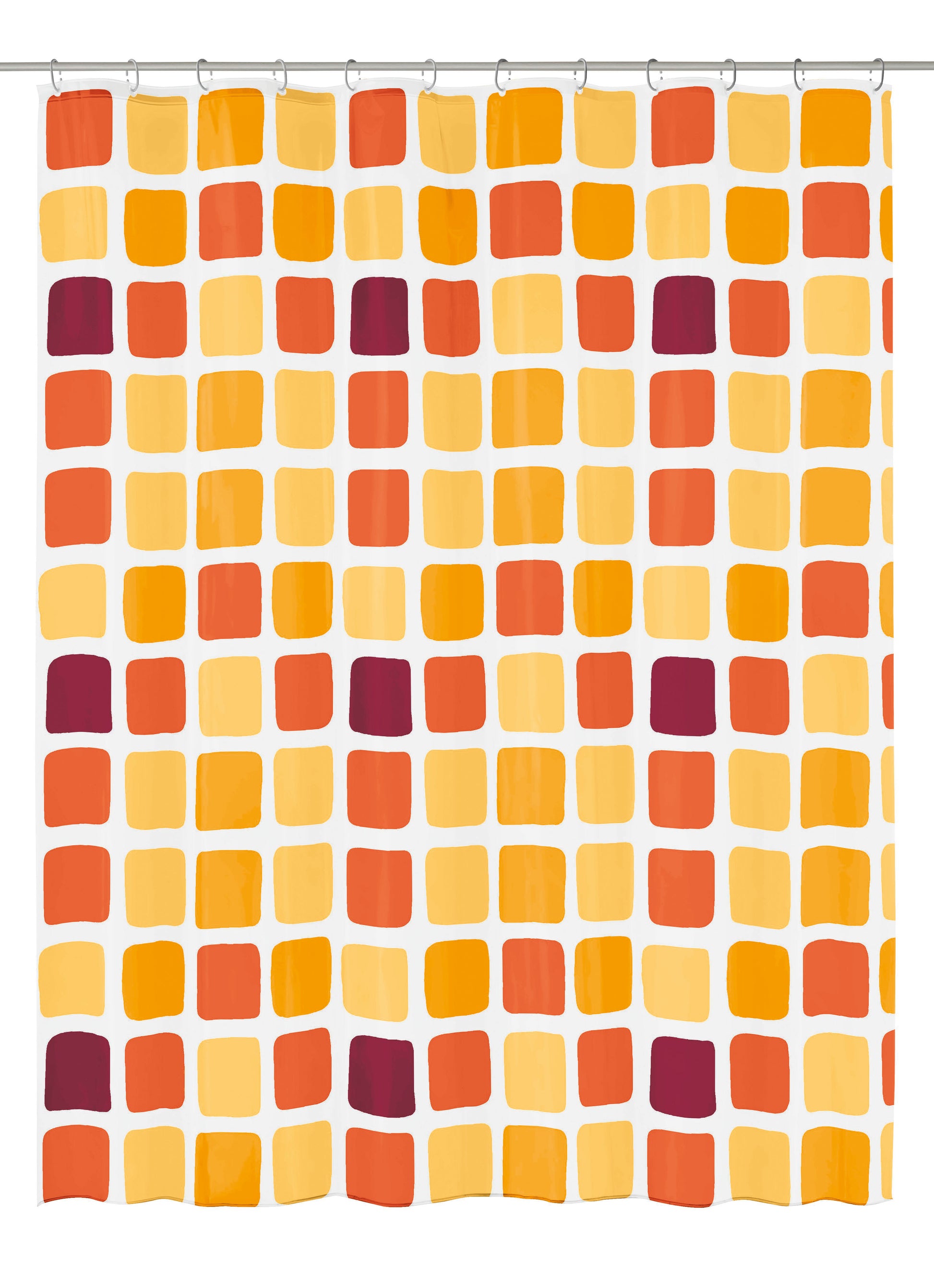 Duschvorhang PEVA SONNY Sun 180 x 200 cm zeigt bunte Quadrate in Gelb, Orange und Rot auf weißem Hintergrund.