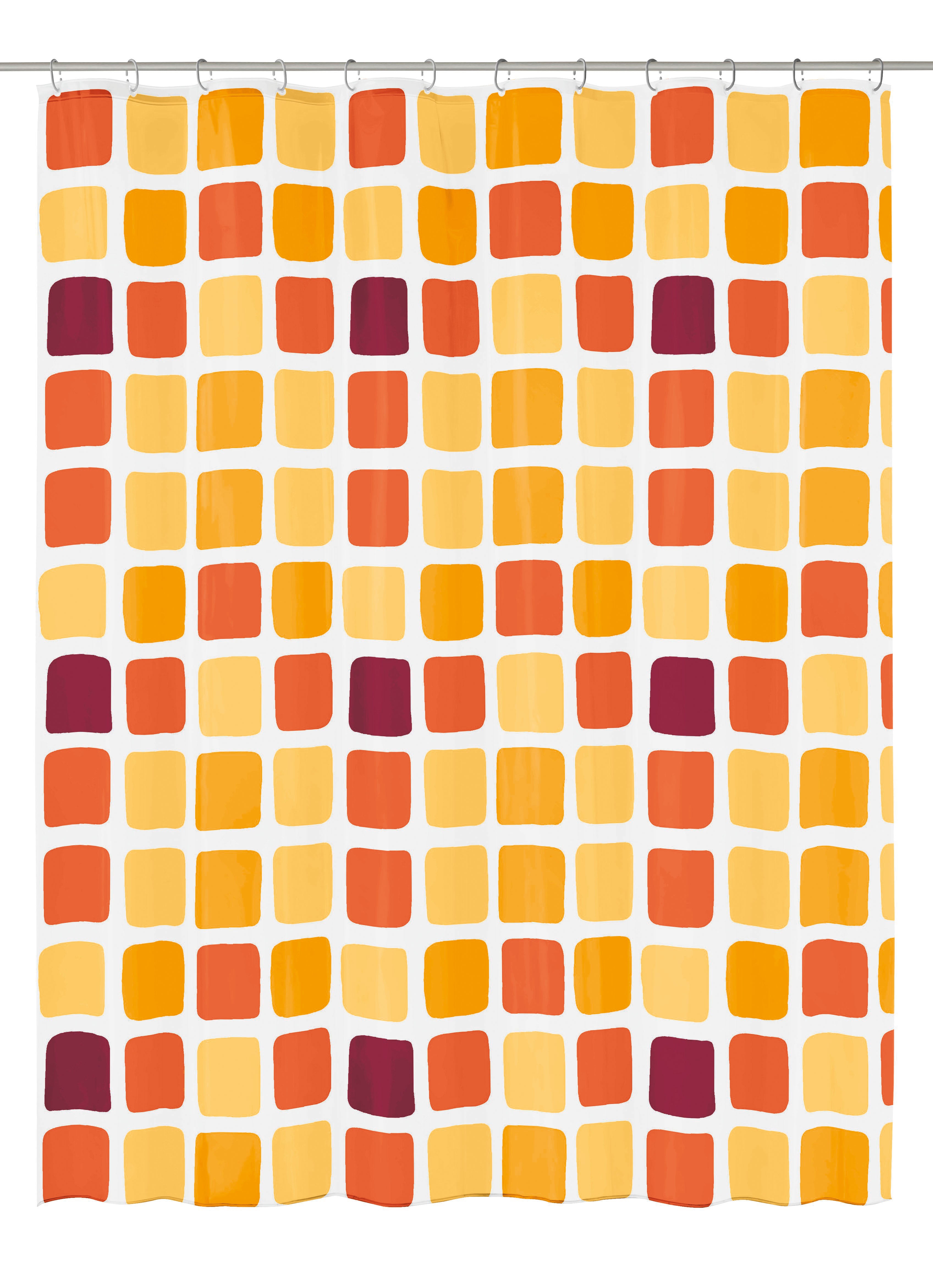 Duschvorhang PEVA SONNY Sun 180 x 200 cm zeigt bunte Quadrate in Gelb, Orange und Rot auf weißem Hintergrund.