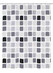 Duschvorhang PEVA SONNY in Anthrazit 180 x 200 cm mit grauen und schwarzen Quadraten im Badezimmer.