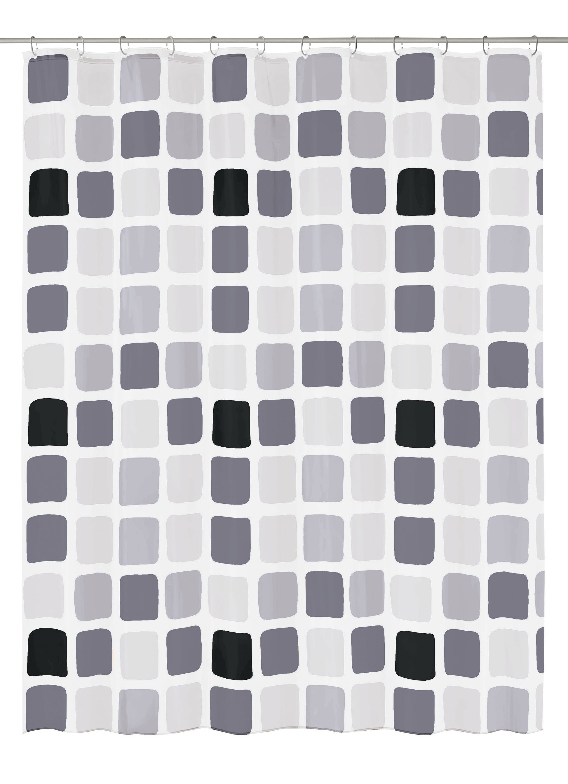 Duschvorhang PEVA SONNY in Anthrazit 180 x 200 cm mit grauen und schwarzen Quadraten im Badezimmer.