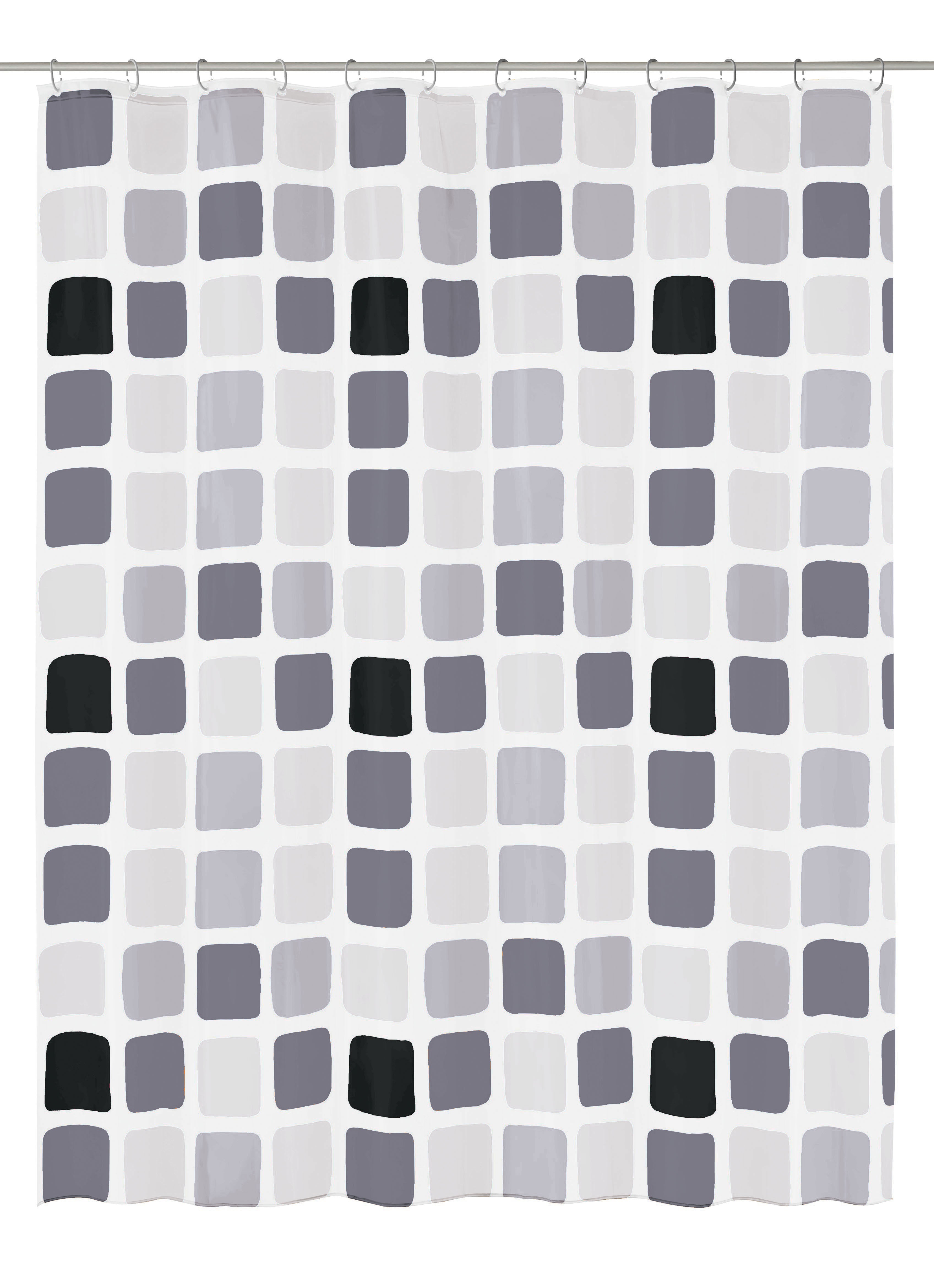 Duschvorhang PEVA SONNY in Anthrazit 180 x 200 cm mit grauen und schwarzen Quadraten im Badezimmer.