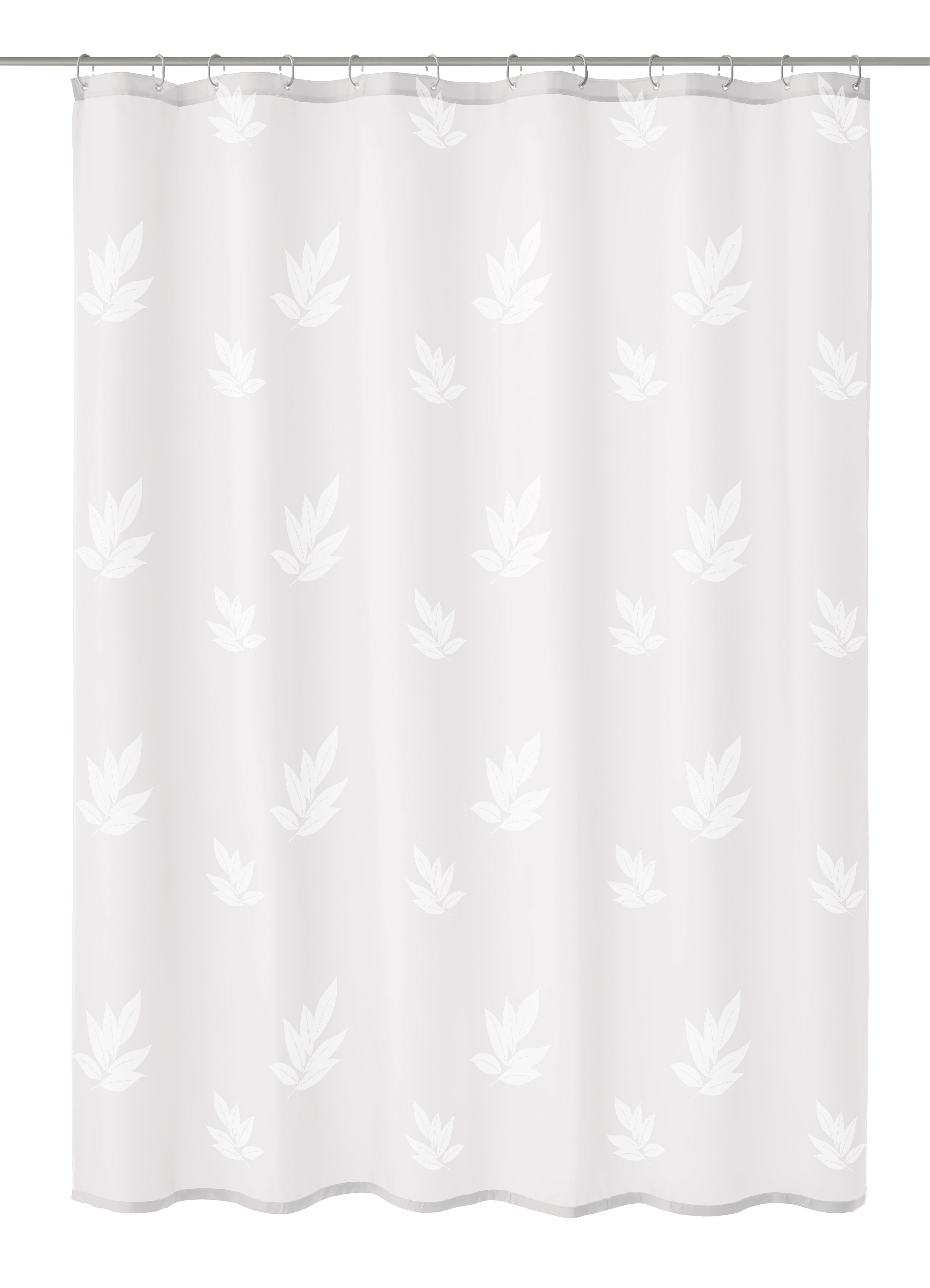 Weißer Duschvorhang mit dezentem Lotusblüten-Muster in Vollansicht