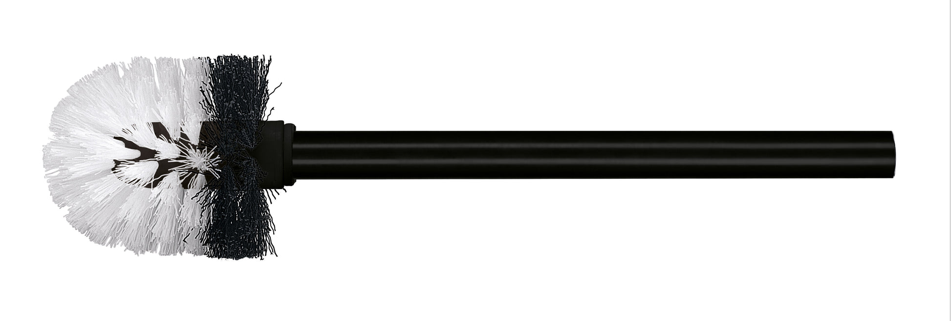 Eine schwarz-weiße Ersatz-WC-Bürste mit 82-mm-Kopf und schwarzem Stiel liegt vor hellem Hintergrund.