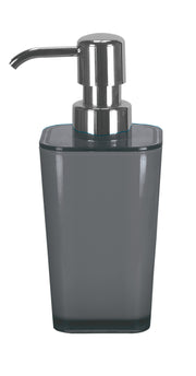 Der Seifenspender EASY in Anthrazit steht mit verchromter Pumpe freigestellt vor weißem Hintergrund.