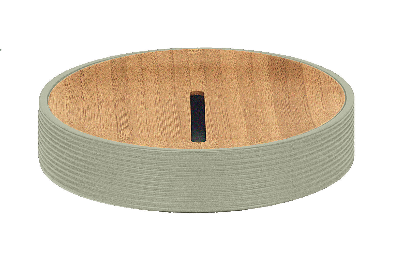 Seifenschale KYOTO Schilf aus geriffelter grüner Keramik mit Einsatz aus hellem Holz.