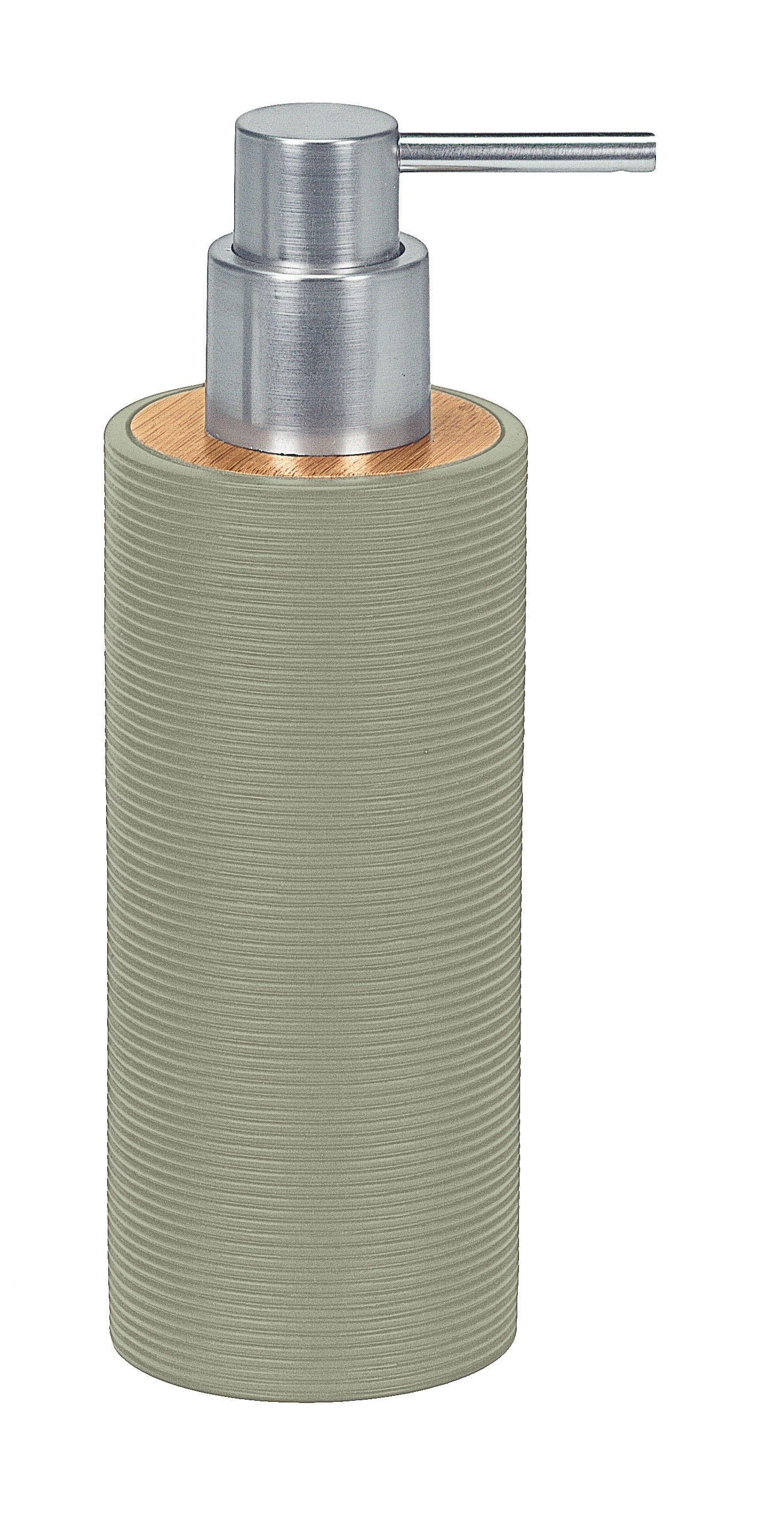 Seifenspender KYOTO Schilf aus geriffelter Keramik mit Holz- und Metallpumpe in Nahansicht.